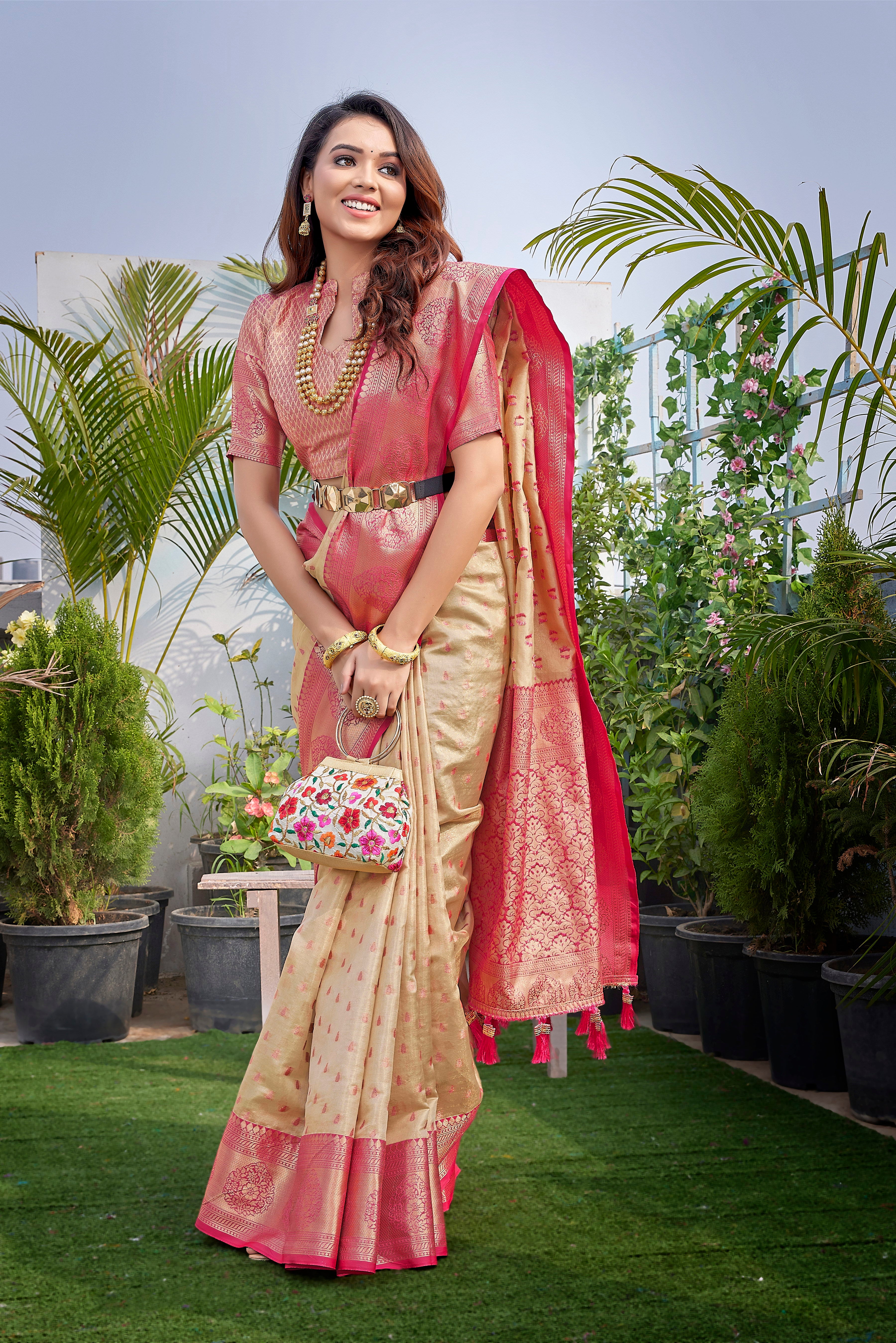 Latest Design Cream Color Pure Silk Saree