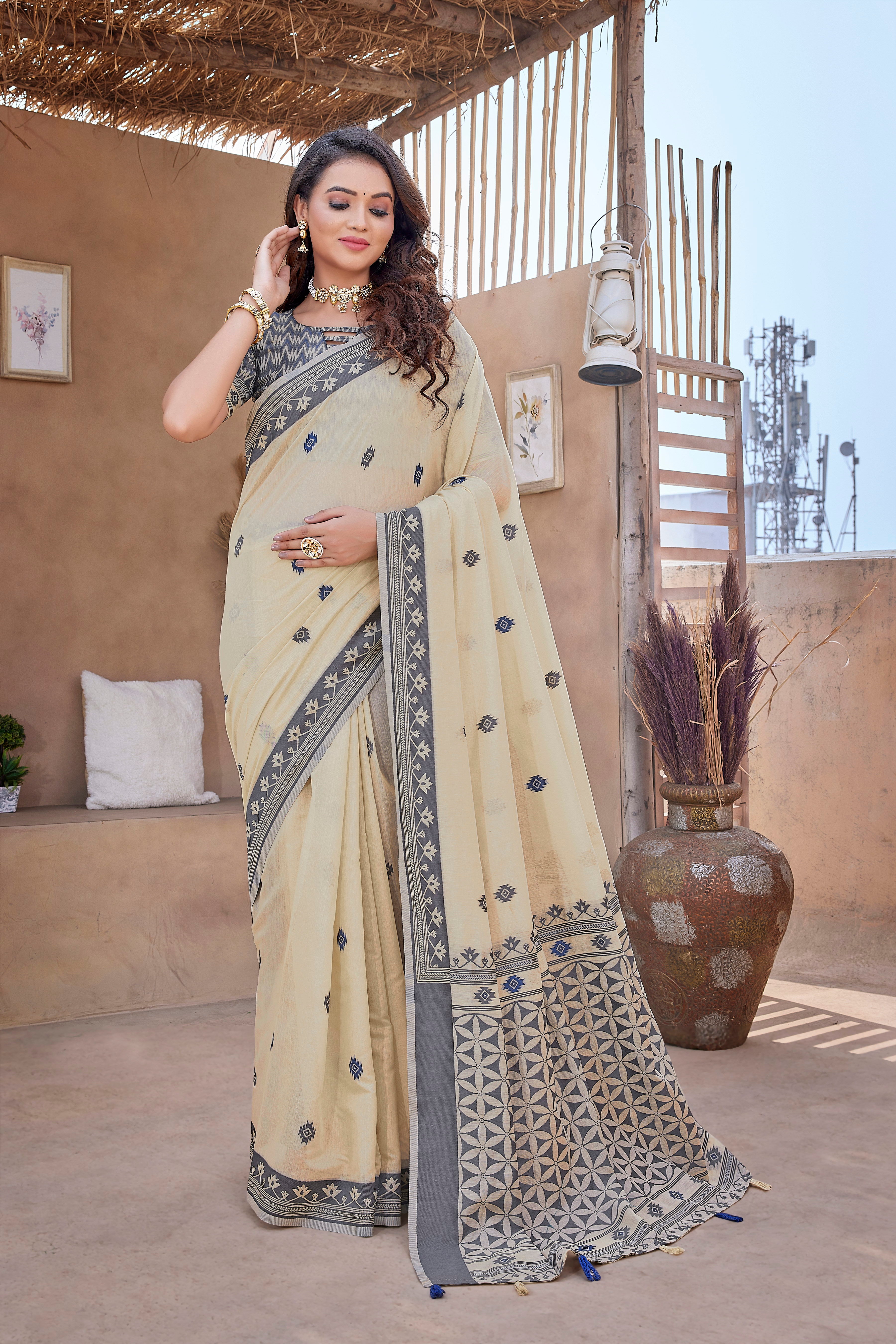 Handloom Cotton Silk Fancy Cream Saree