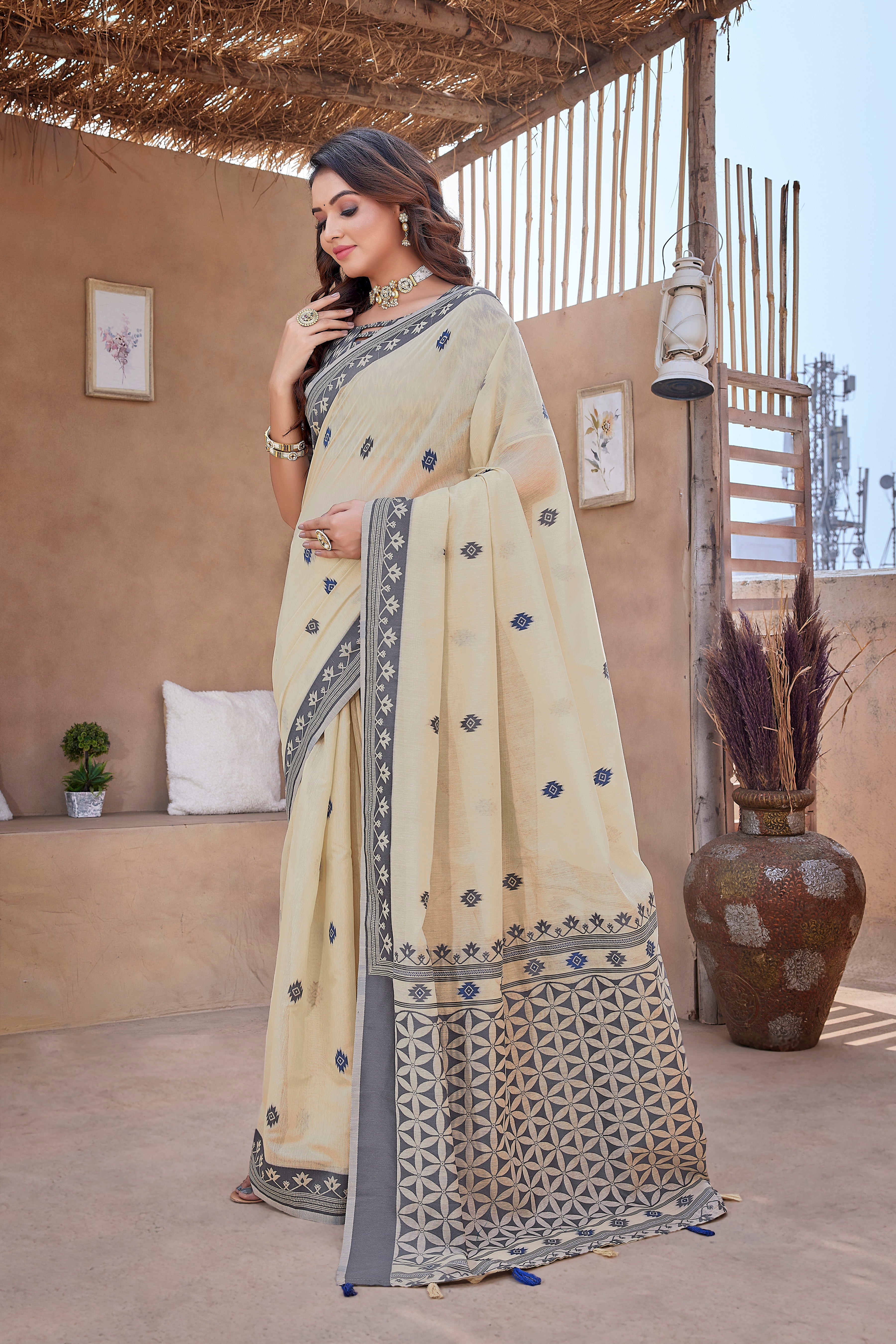 Handloom Cotton Silk Fancy Cream Saree