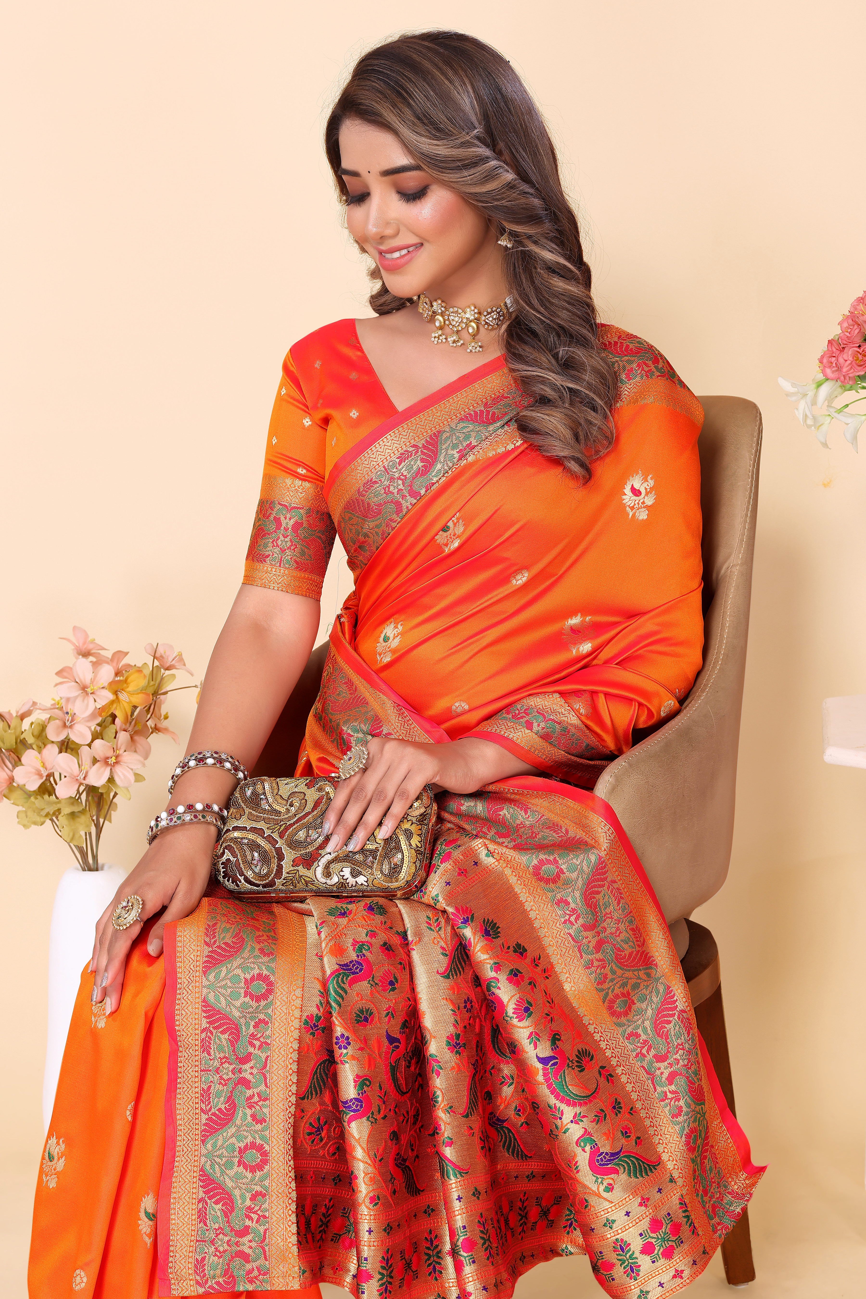 Orange Color Piathani Silk Designer Saree