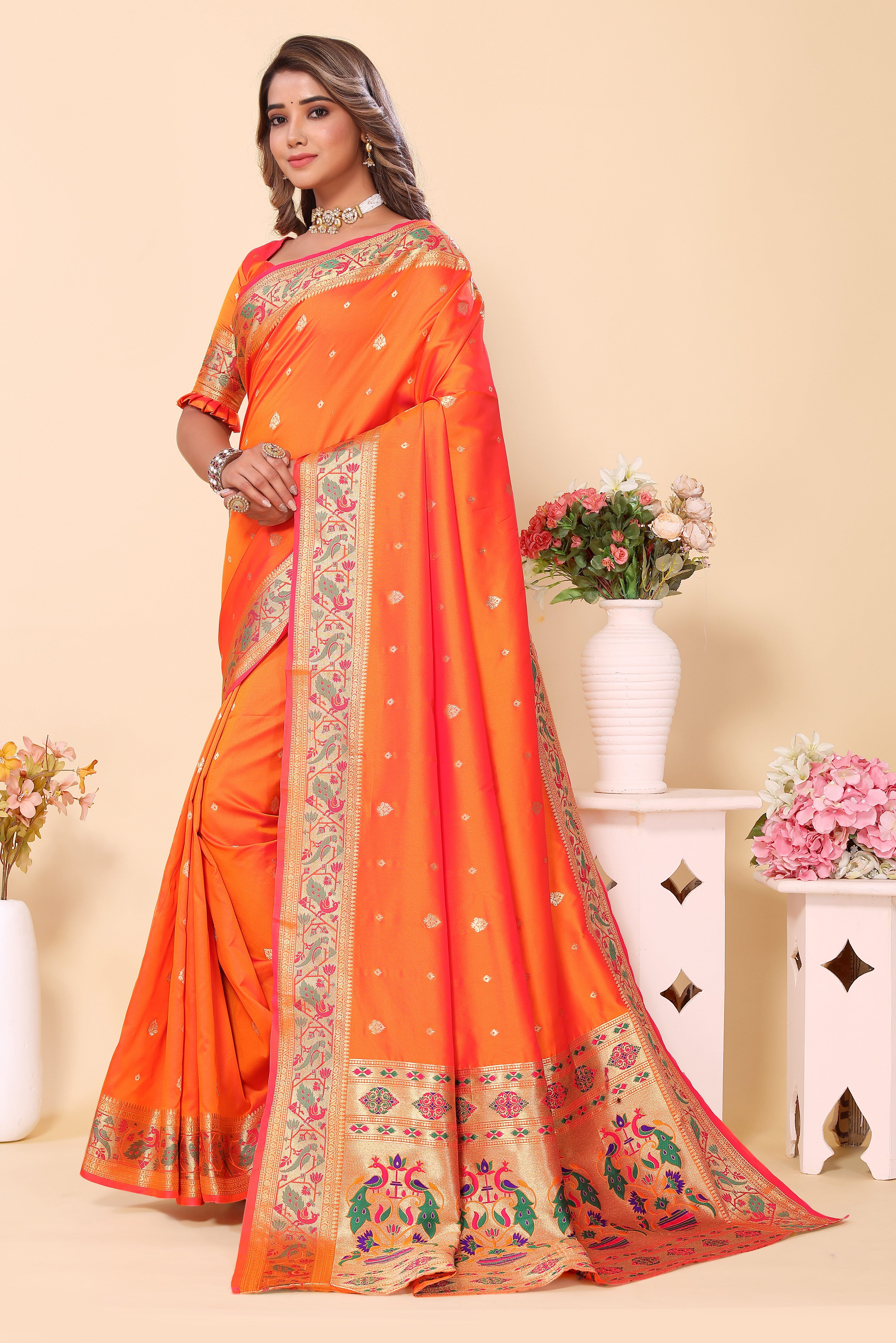 Stunning  Paithani Silk Orange Color Saree