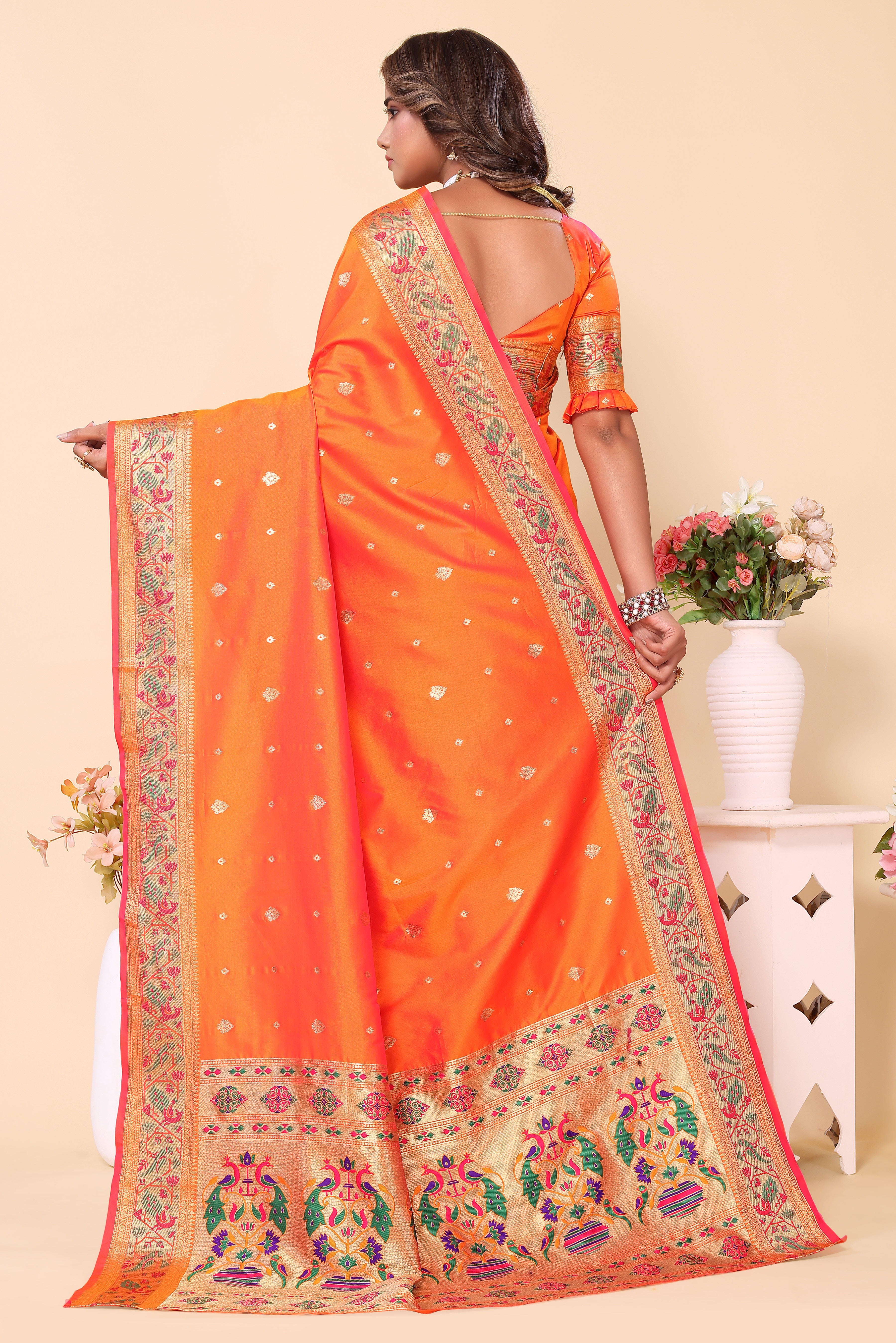 Stunning  Paithani Silk Orange Color Saree