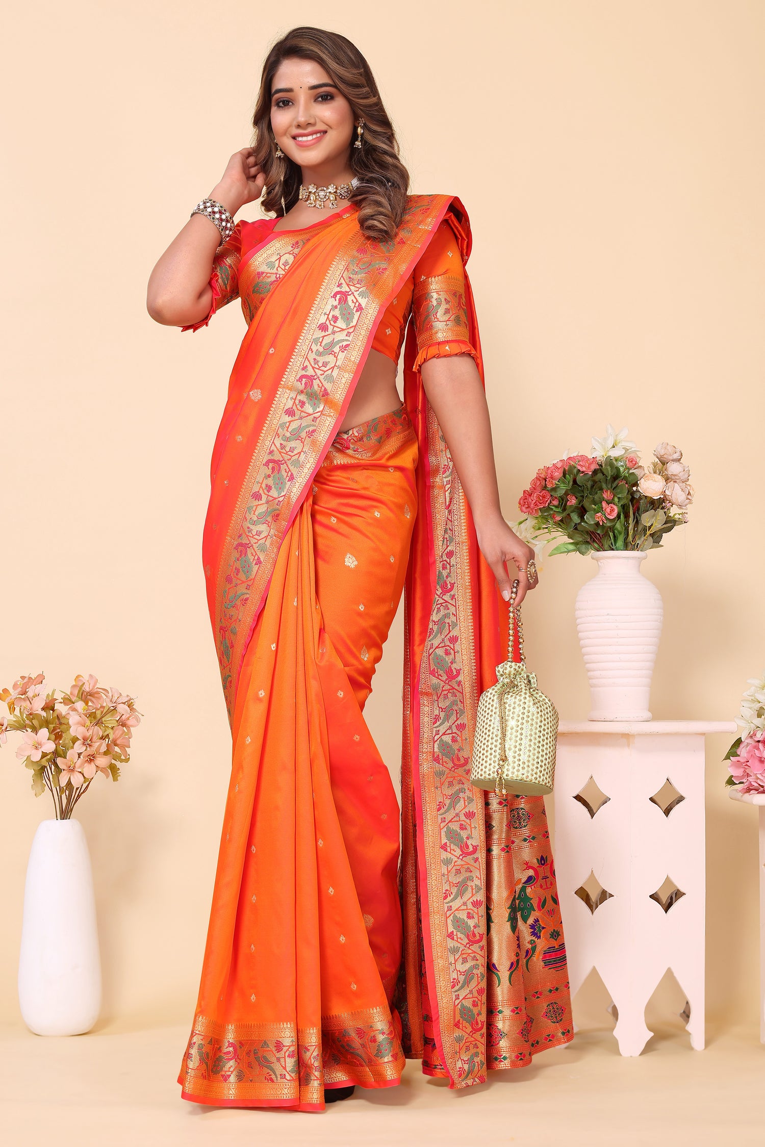 Stunning  Paithani Silk Orange Color Saree