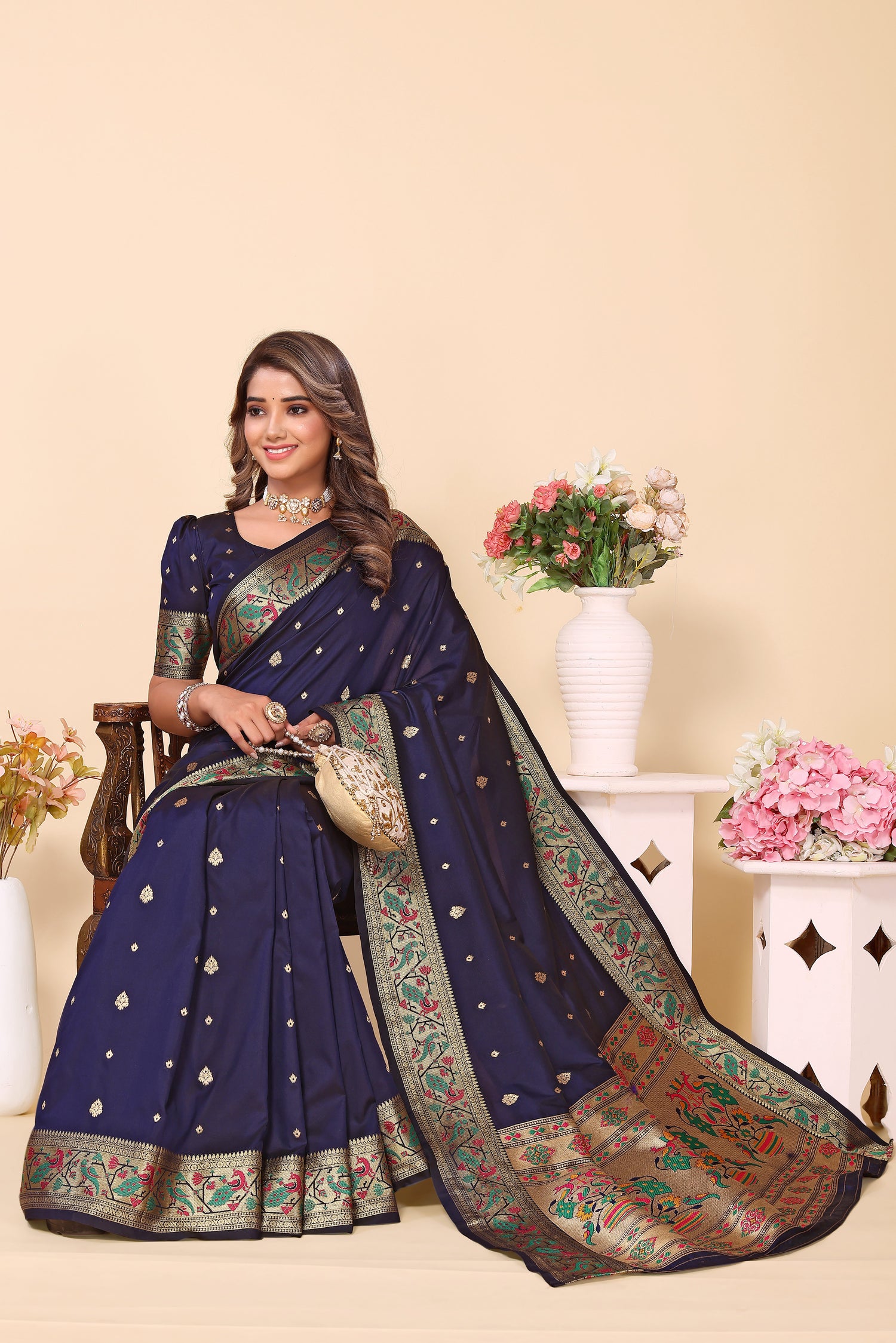Navy Blue Heavy Paithani Silk Saree