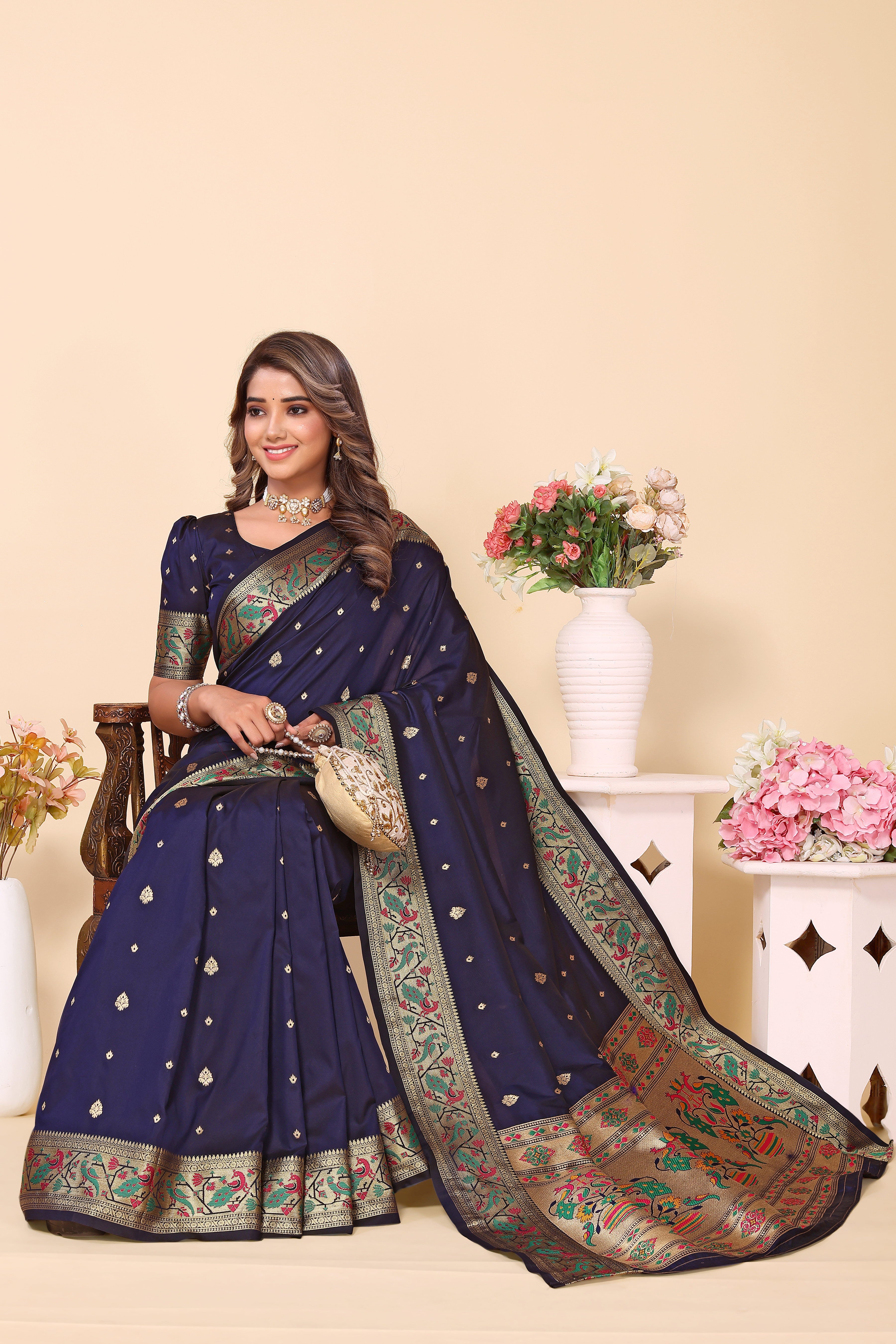 Navy Blue Heavy Paithani Silk Saree