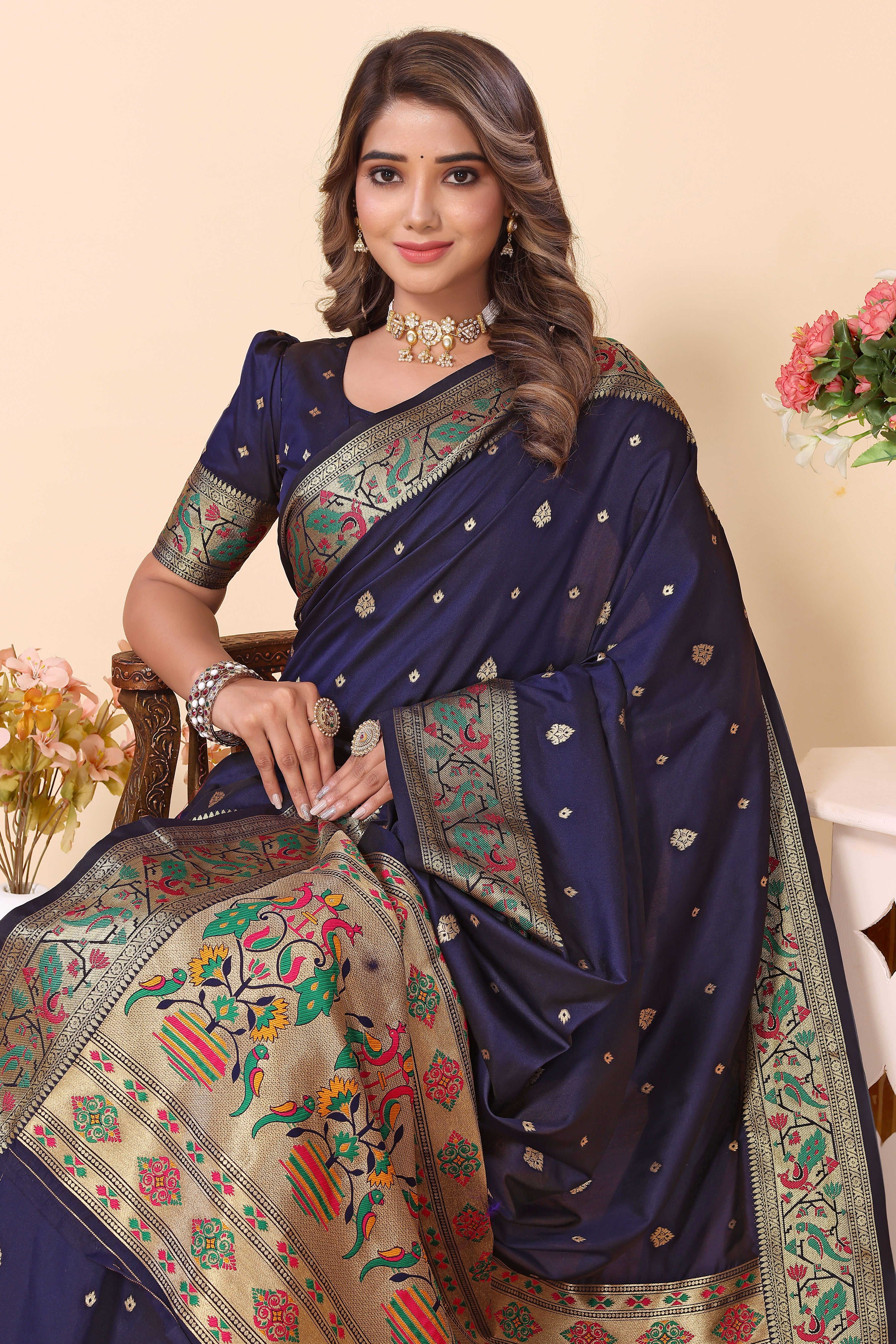Navy Blue Heavy Paithani Silk Saree