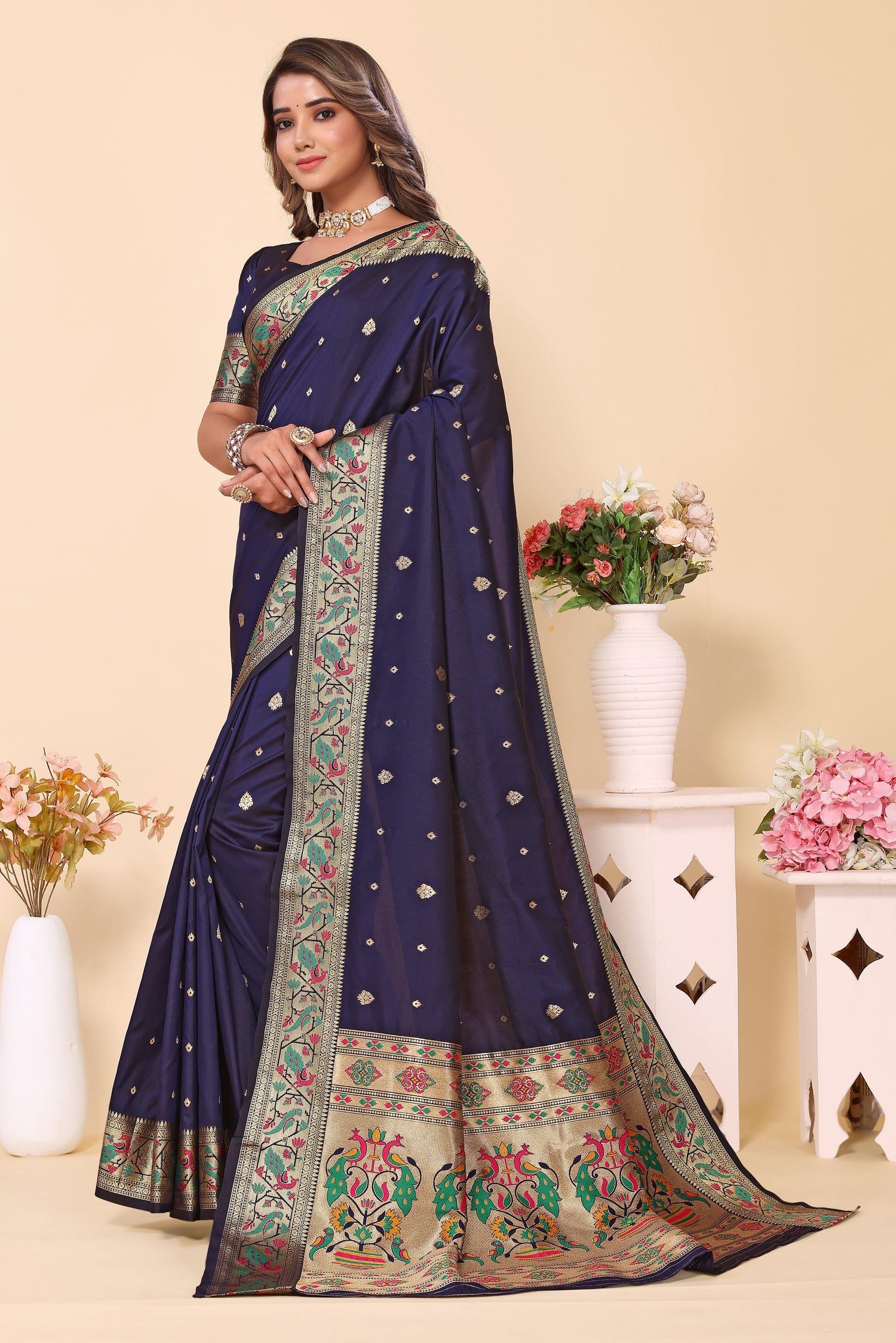 Navy Blue Heavy Paithani Silk Saree