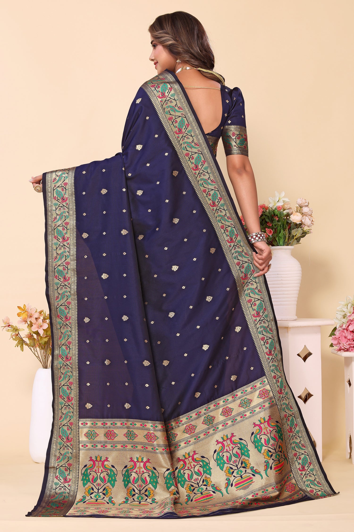 Navy Blue Heavy Paithani Silk Saree