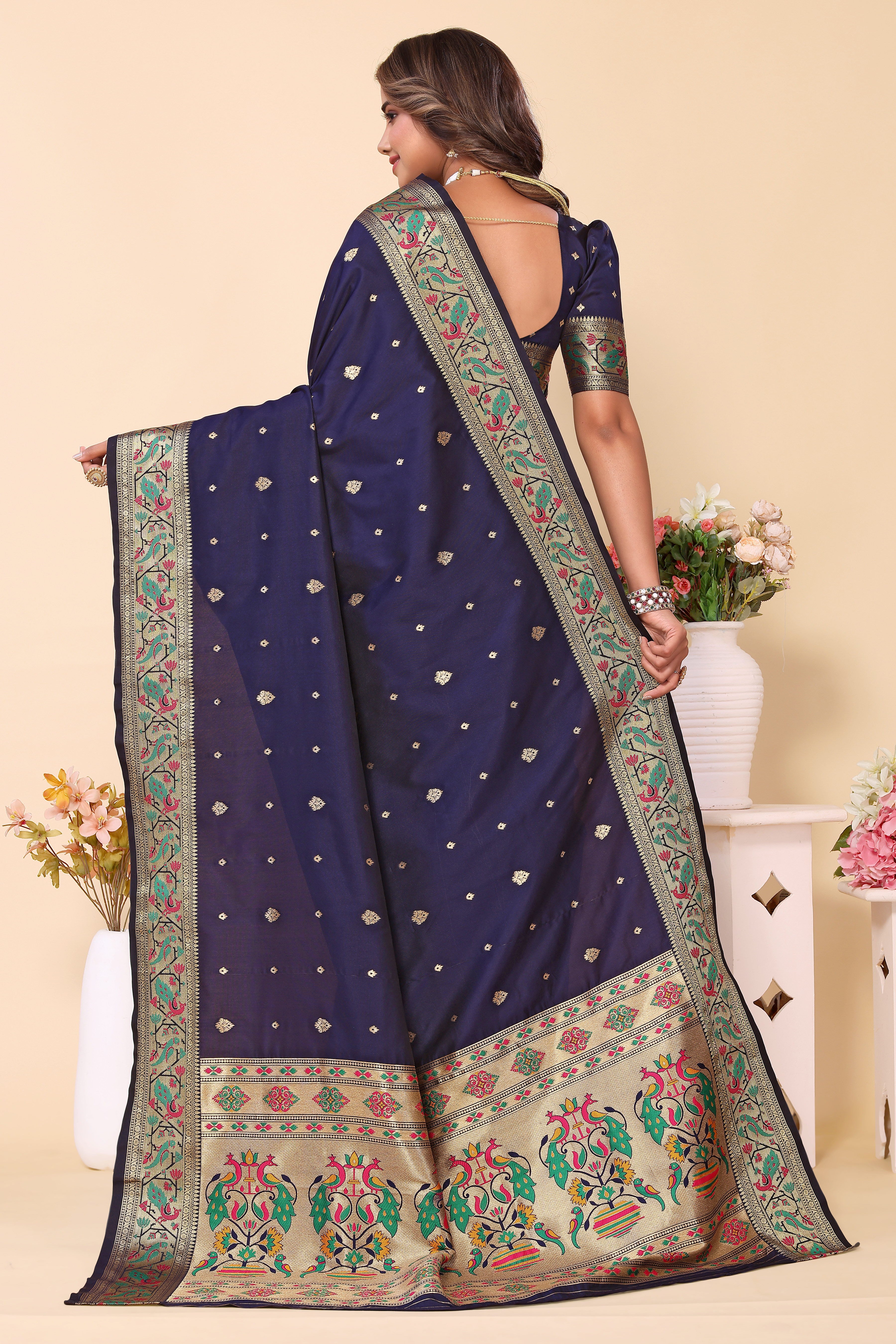 Navy Blue Heavy Paithani Silk Saree