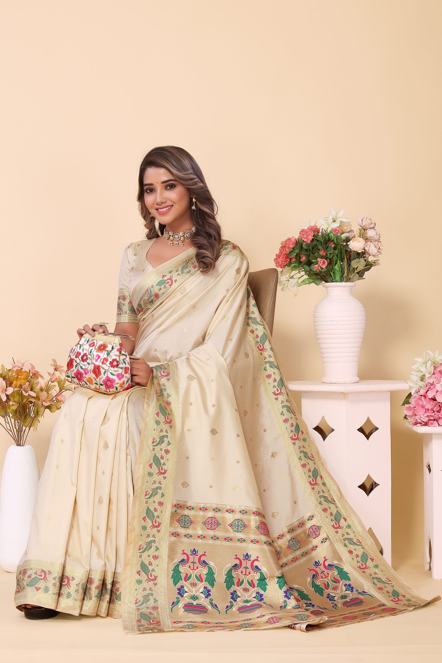 Wedding Wear Paithani Silk Cream Saree
