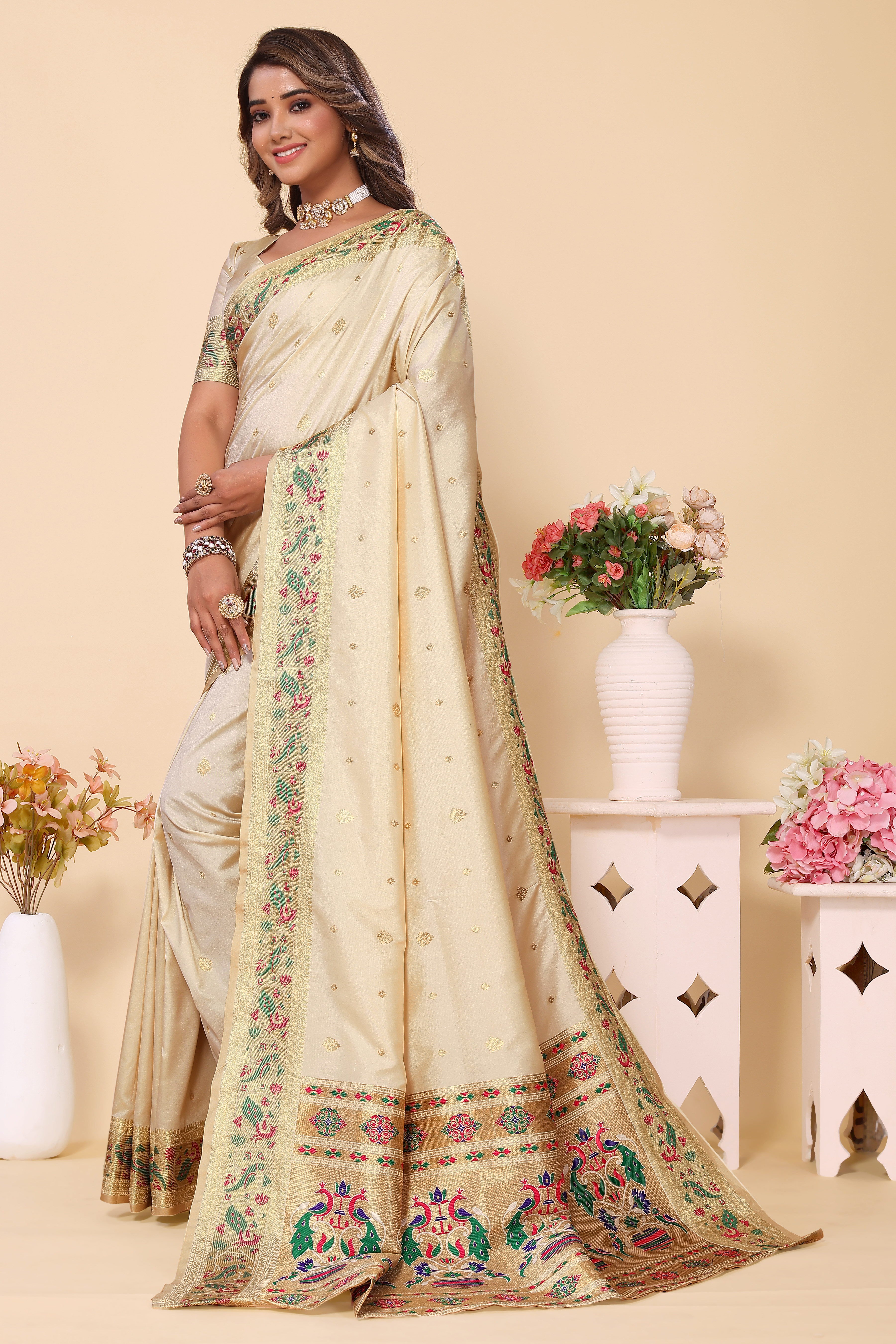 Wedding Wear Paithani Silk Cream Saree