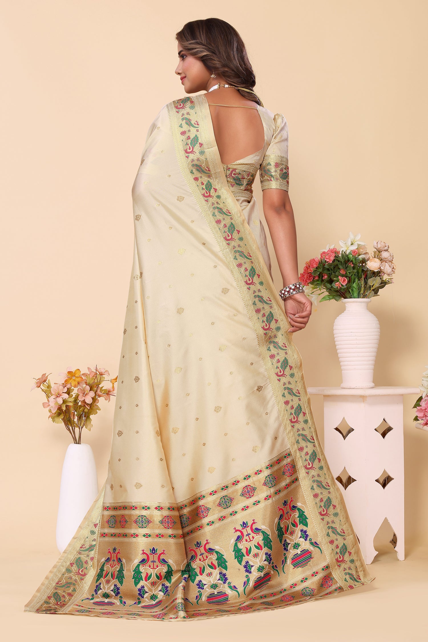 Wedding Wear Paithani Silk Cream Saree