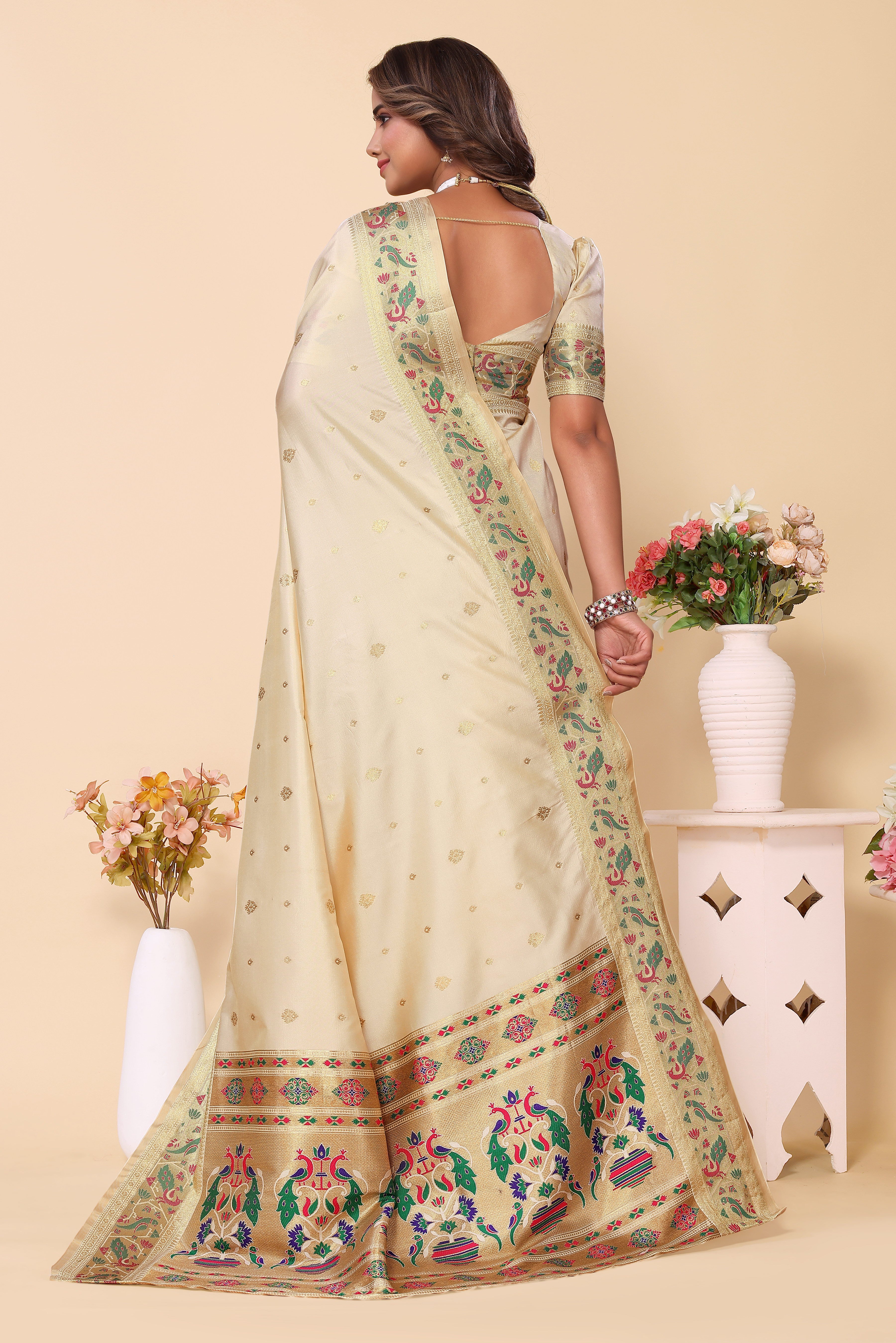 Wedding Wear Paithani Silk Cream Saree