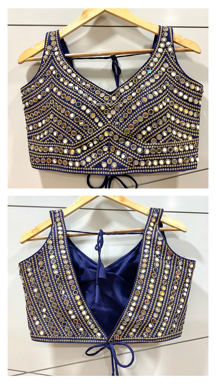 Sleeveless Embroidery Mirror Work Party Wear Blue Blouse