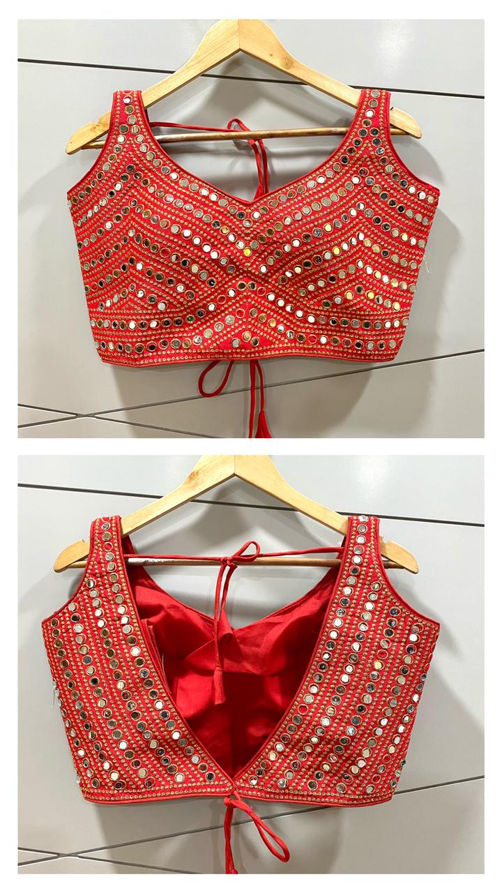 Latest Design Red Color Sleeveless Readymade Mirror Blouse