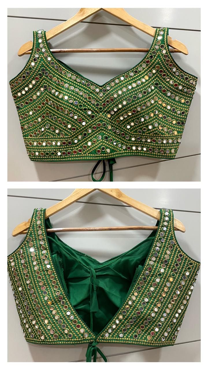 Embroidery Mirror Work V Neck Sleeveless Green Fancy Readymade Blouse