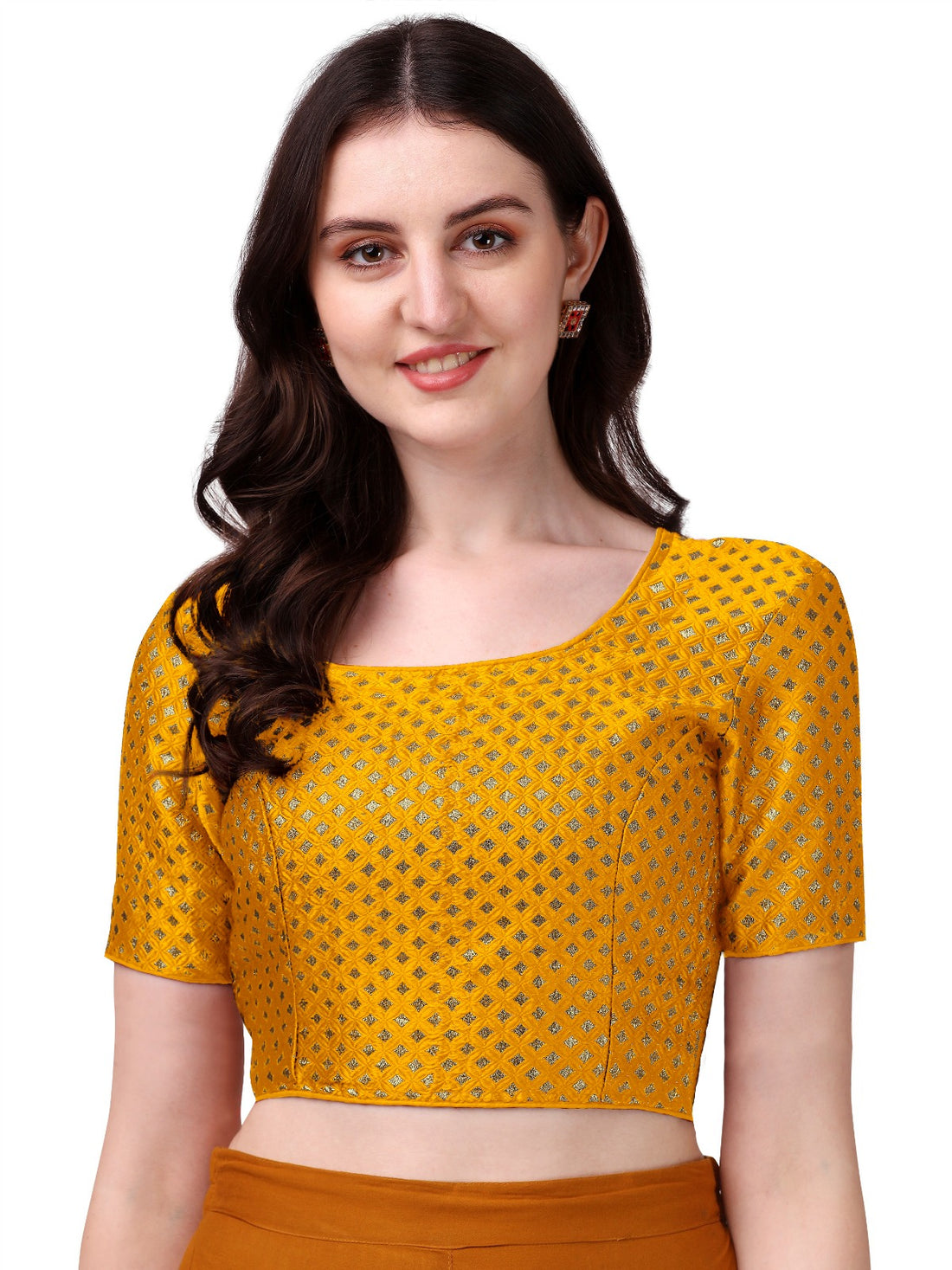 Gorgeous Yellow Color Boat Neck Brocade Readymade Blouse
