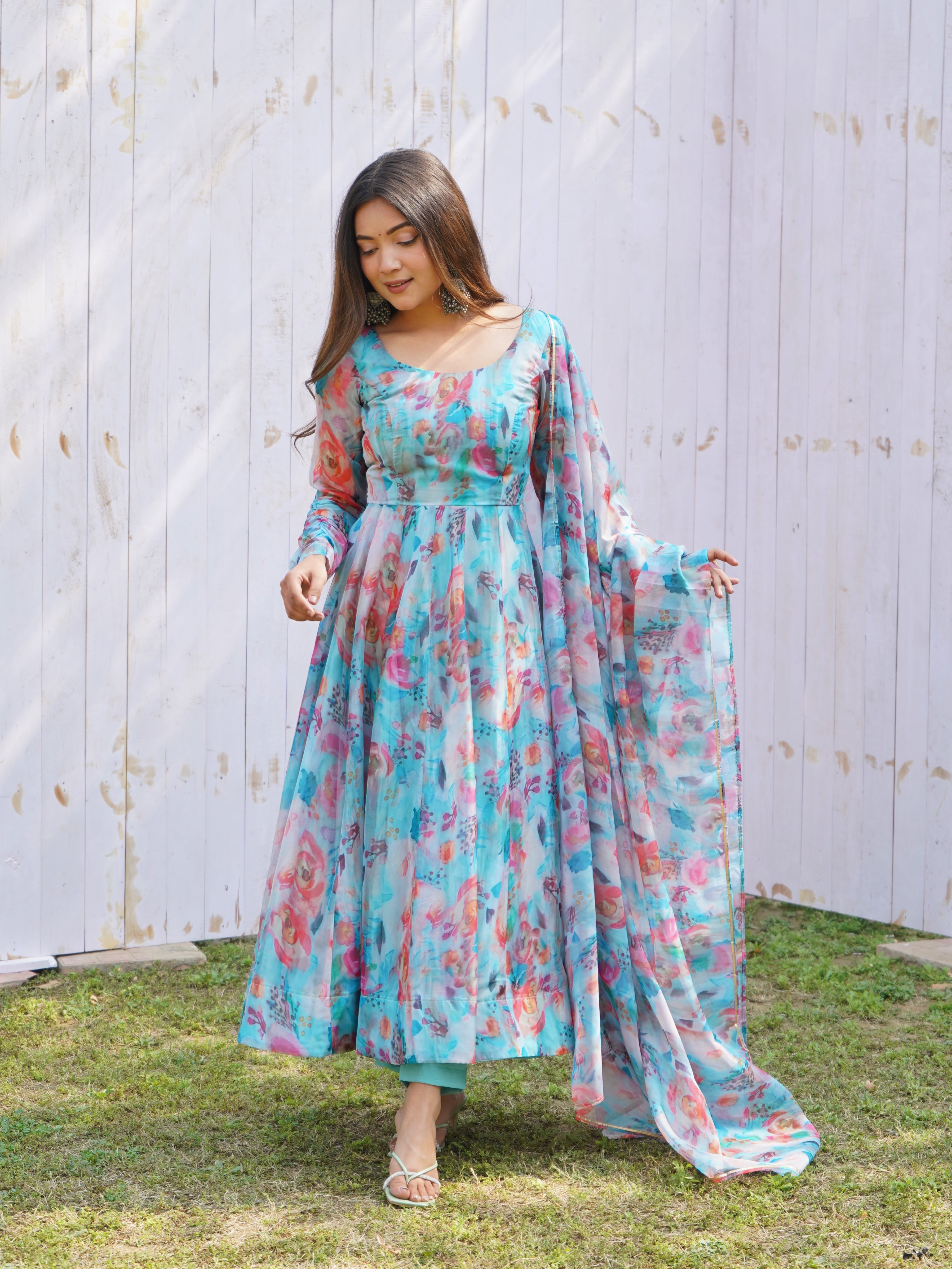 Attractive Printed Organza Silk Ready To Wear Blue Color Anarkali Suit