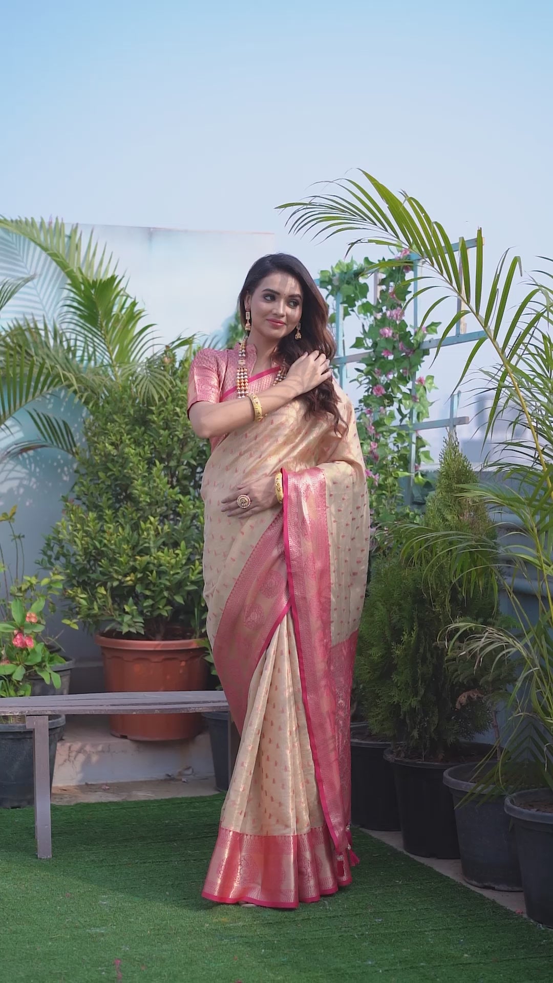 Latest Design Cream Color Pure Silk Saree