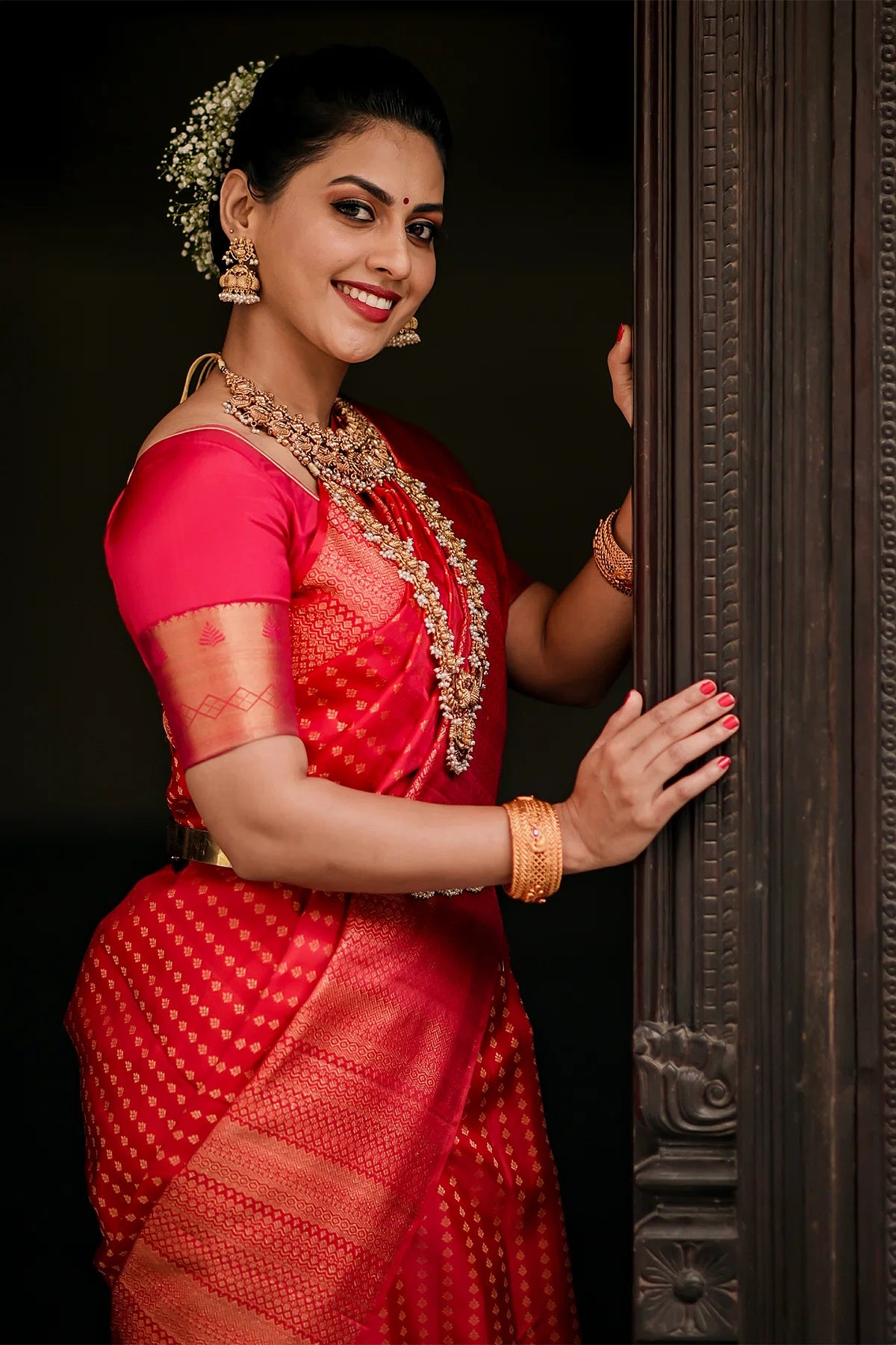 Pretty Red Color Pure Kanjivaram Silk Jacquard Work Saree