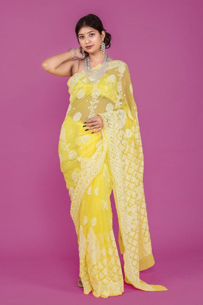 Yellow Color Lucknowi Work Pure Georgette Saree