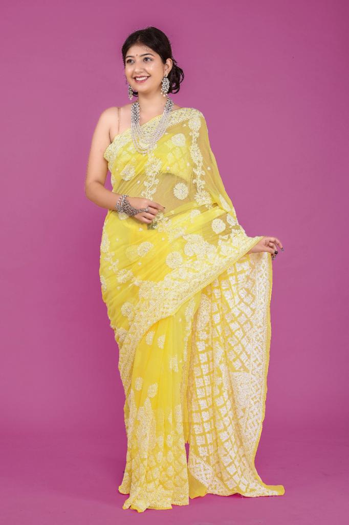 Yellow Color Lucknowi Work Pure Georgette Saree