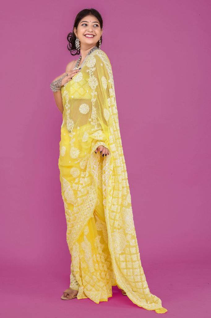 Yellow Color Lucknowi Work Pure Georgette Saree