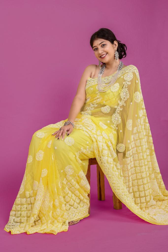 Yellow Color Lucknowi Work Pure Georgette Saree
