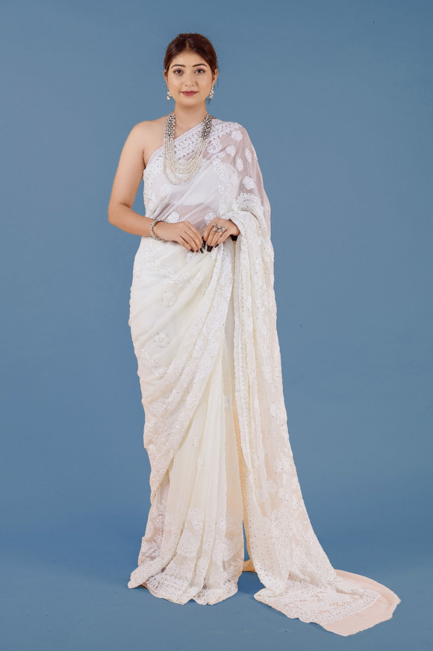 Designer Lucknowi Work White Color Georgette Saree