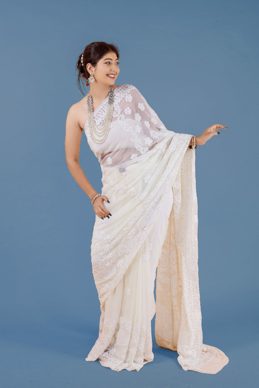Designer Lucknowi Work White Color Georgette Saree