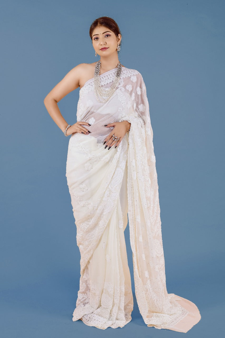 Designer Lucknowi Work White Color Georgette Saree