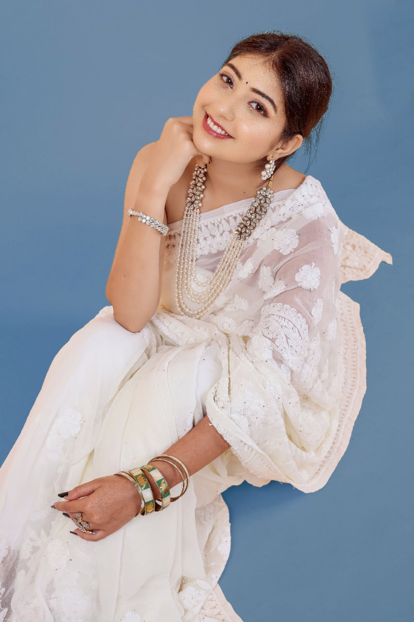 Designer Lucknowi Work White Color Georgette Saree