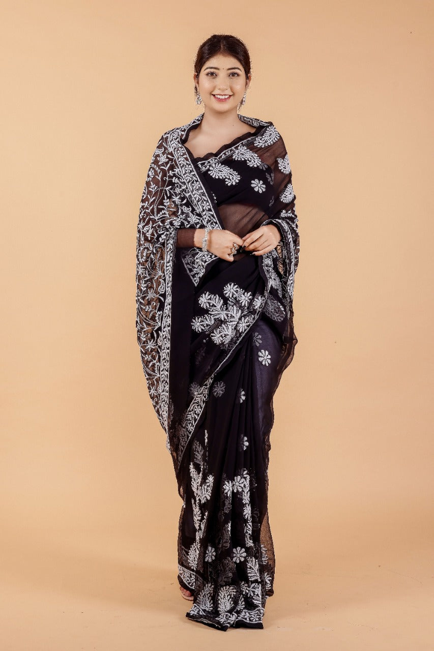 Heavy Lucknowi Fancy Black Color Designer Saree