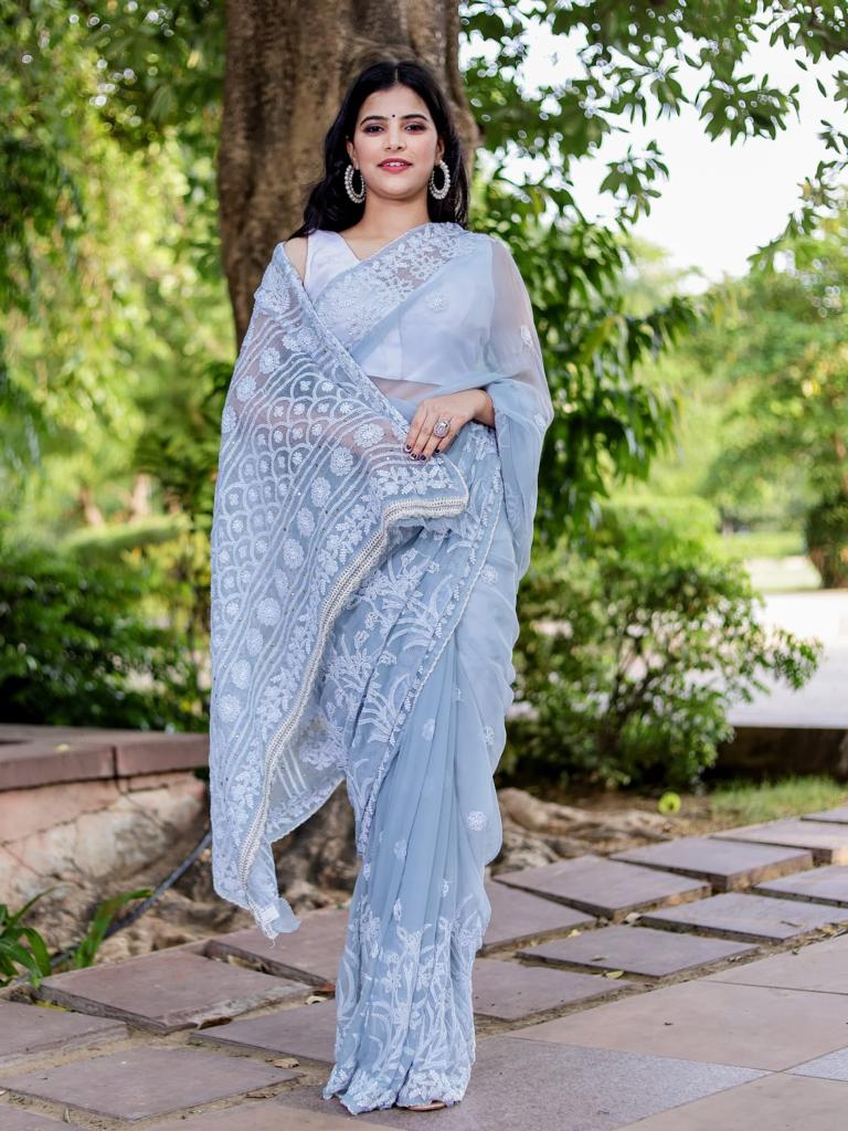 Chikankari Lucknowi Work Pure Georgette Blue Saree