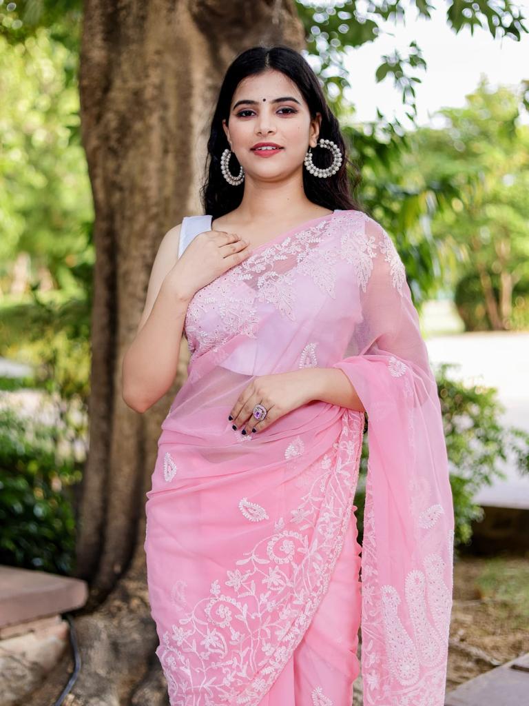 Stunning Function Wear Pink Color Lucknowi Saree