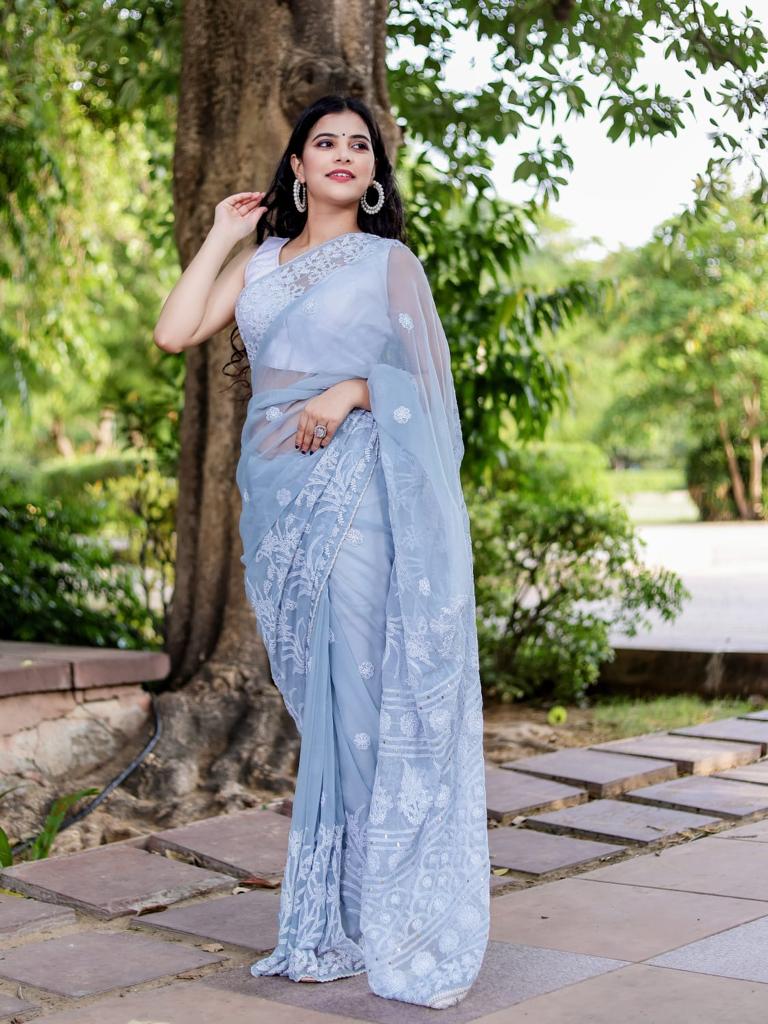 Chikankari Lucknowi Work Pure Georgette Blue Saree