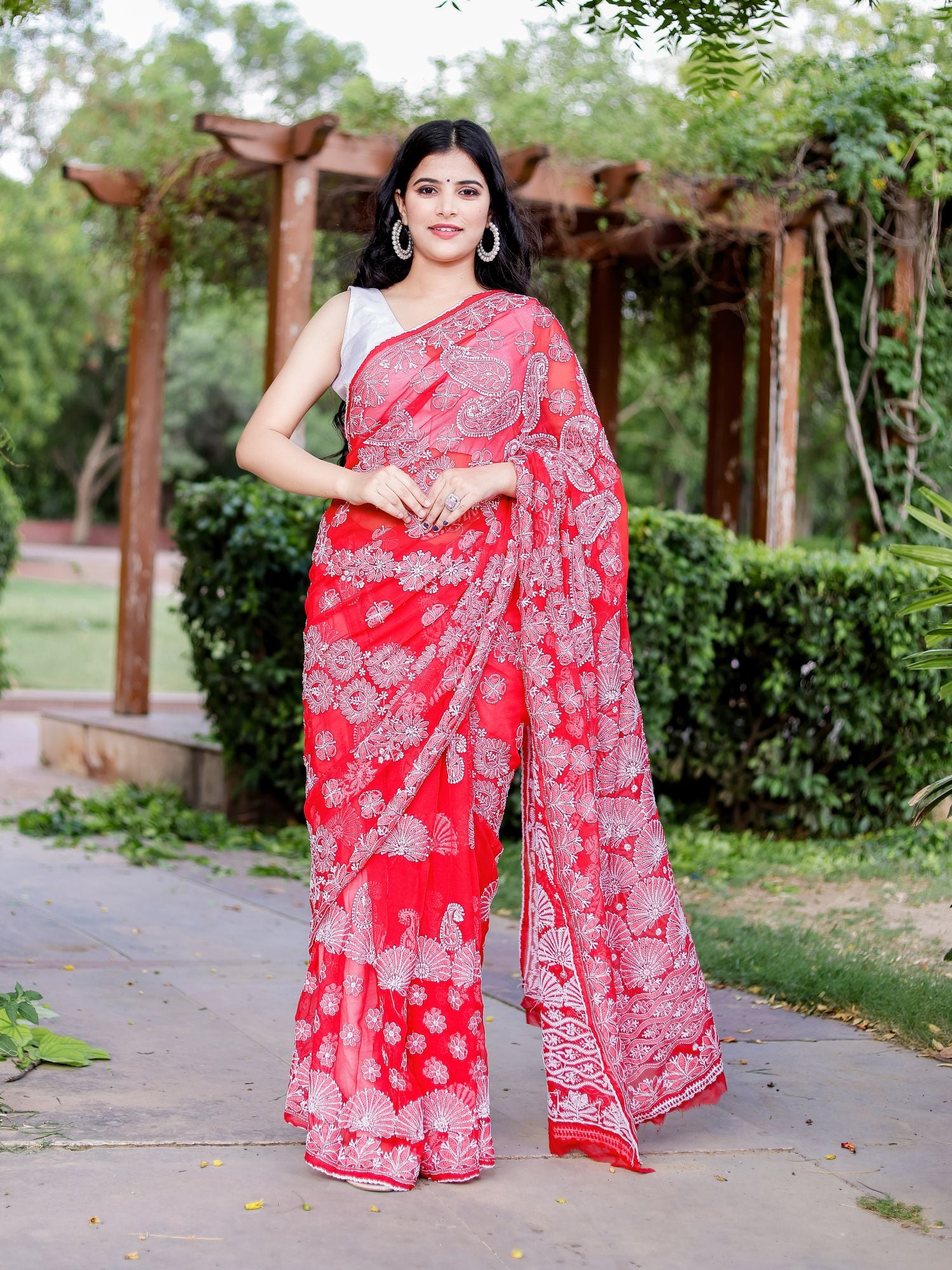 Pure Georgette Lucknowi Work Pink Saree