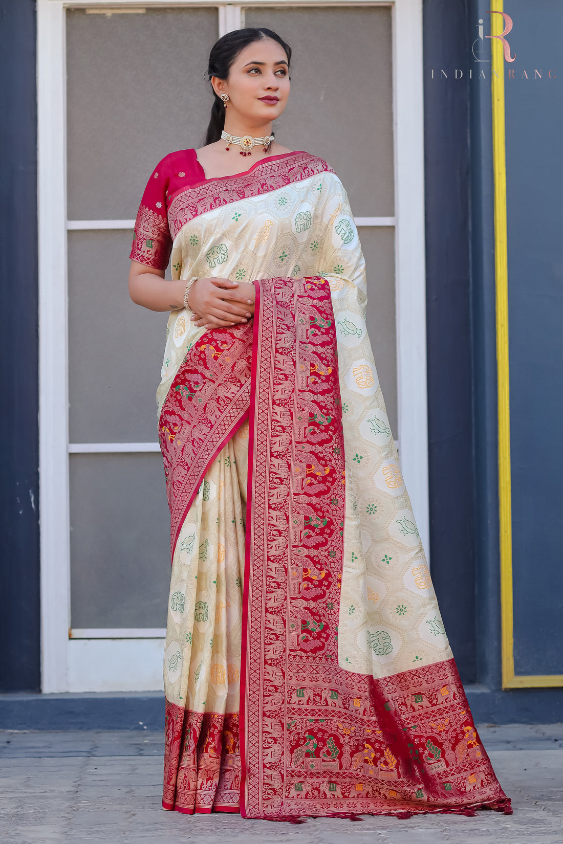 Latest Design White &amp; Pink Dola Silk Soft Saree