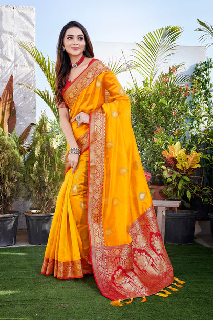 Yellow Designer Khicha Silk Soft Saree