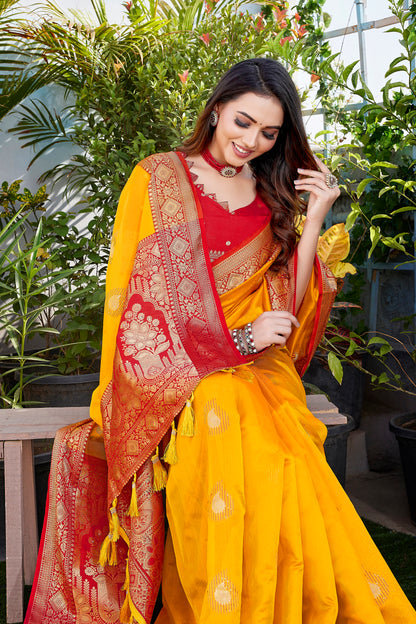 Yellow Designer Khicha Silk Soft Saree