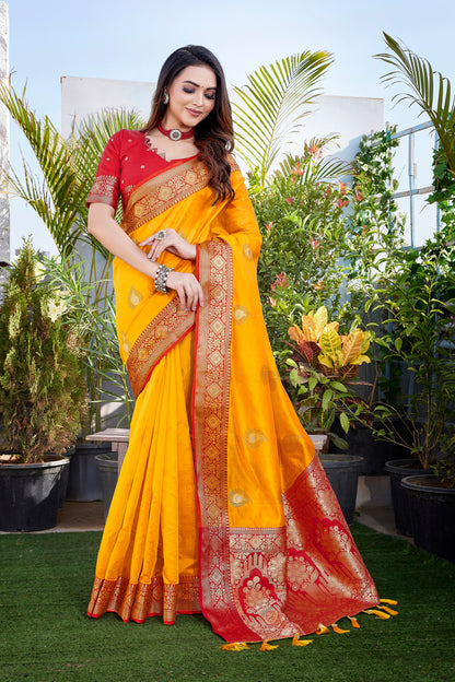 Yellow Designer Khicha Silk Soft Saree