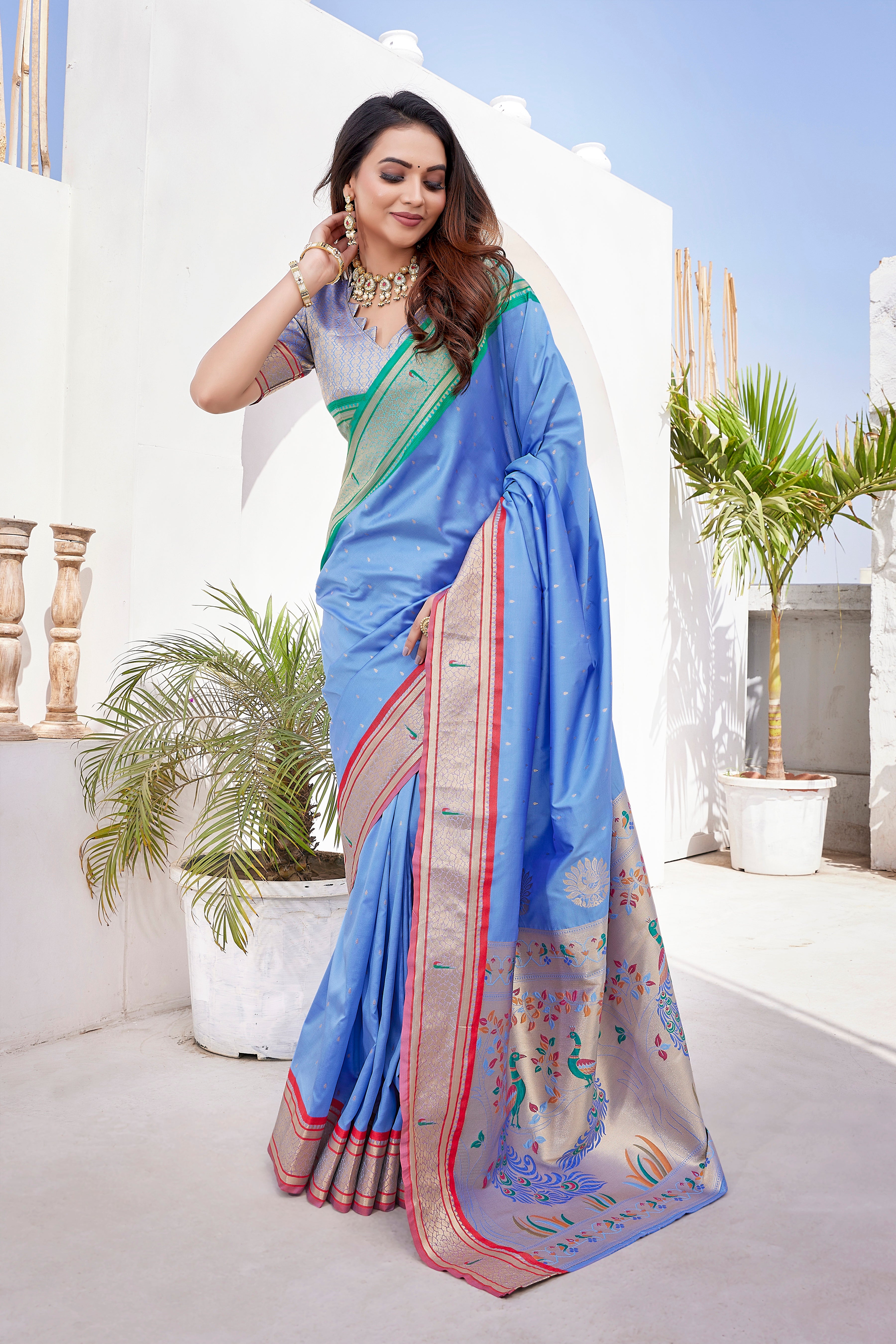 Paithani Silk Sky Blue Color Party Wear Saree