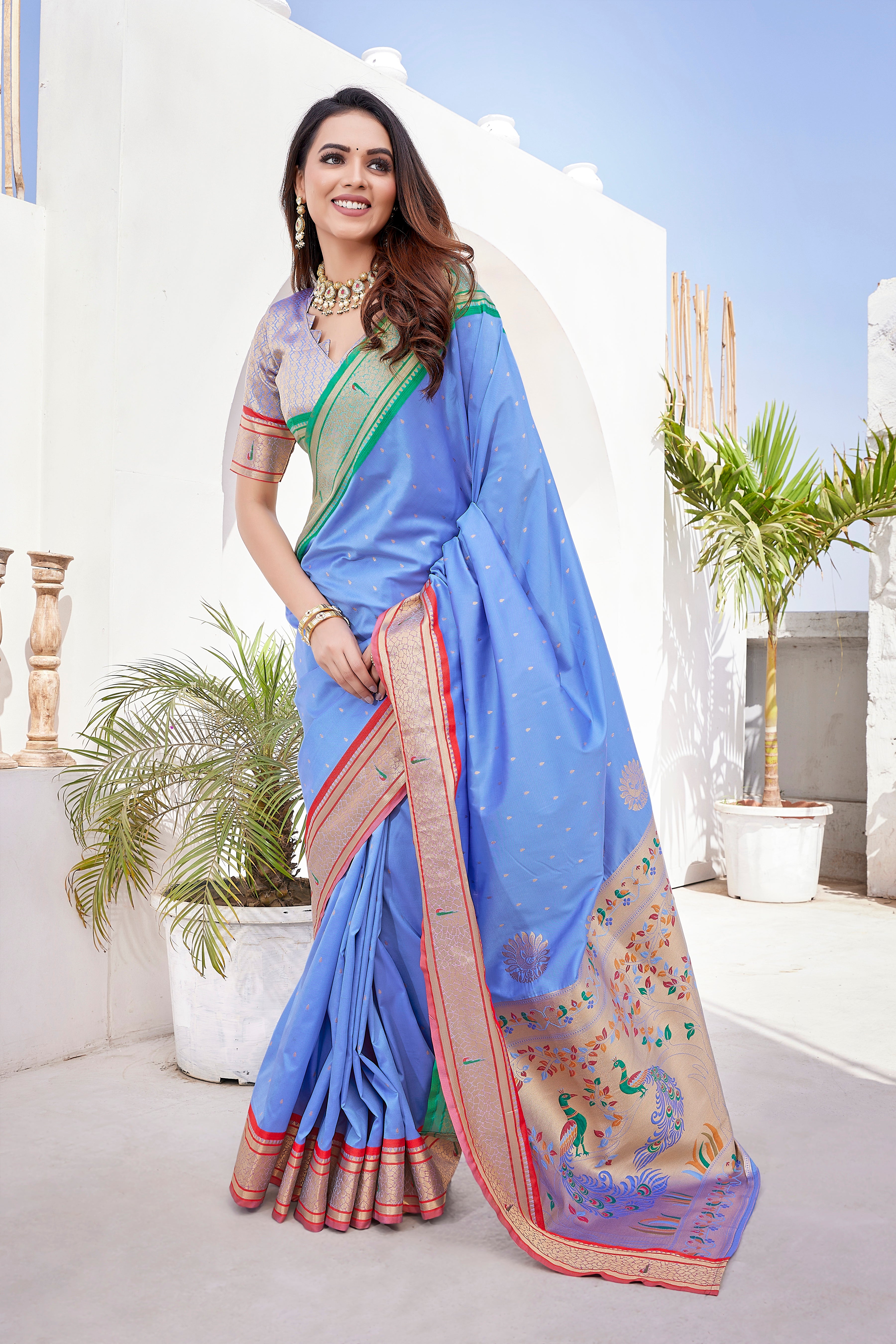 Paithani Silk Sky Blue Color Party Wear Saree