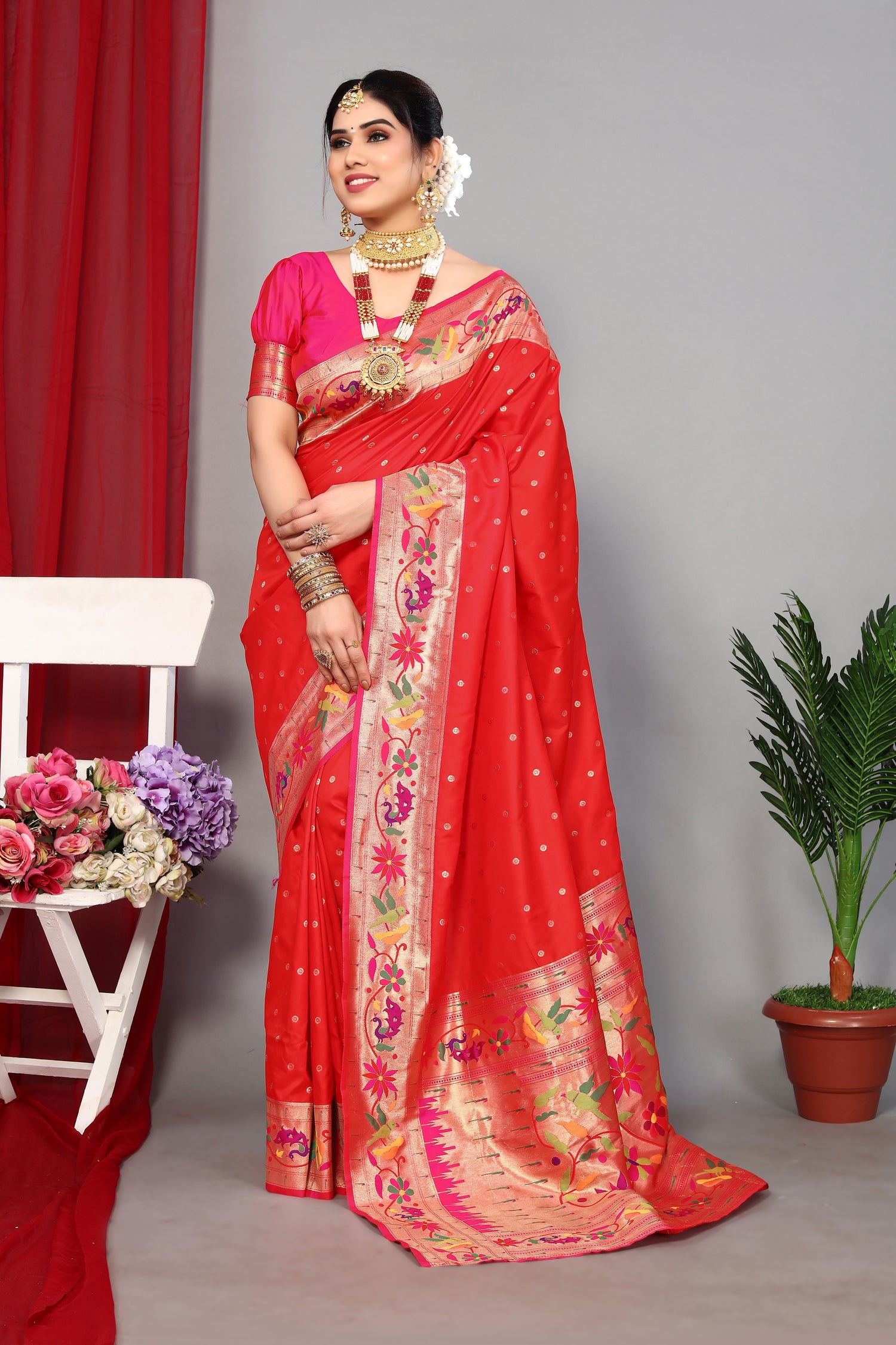 Rich Designer Red Color Paithani Silk Saree