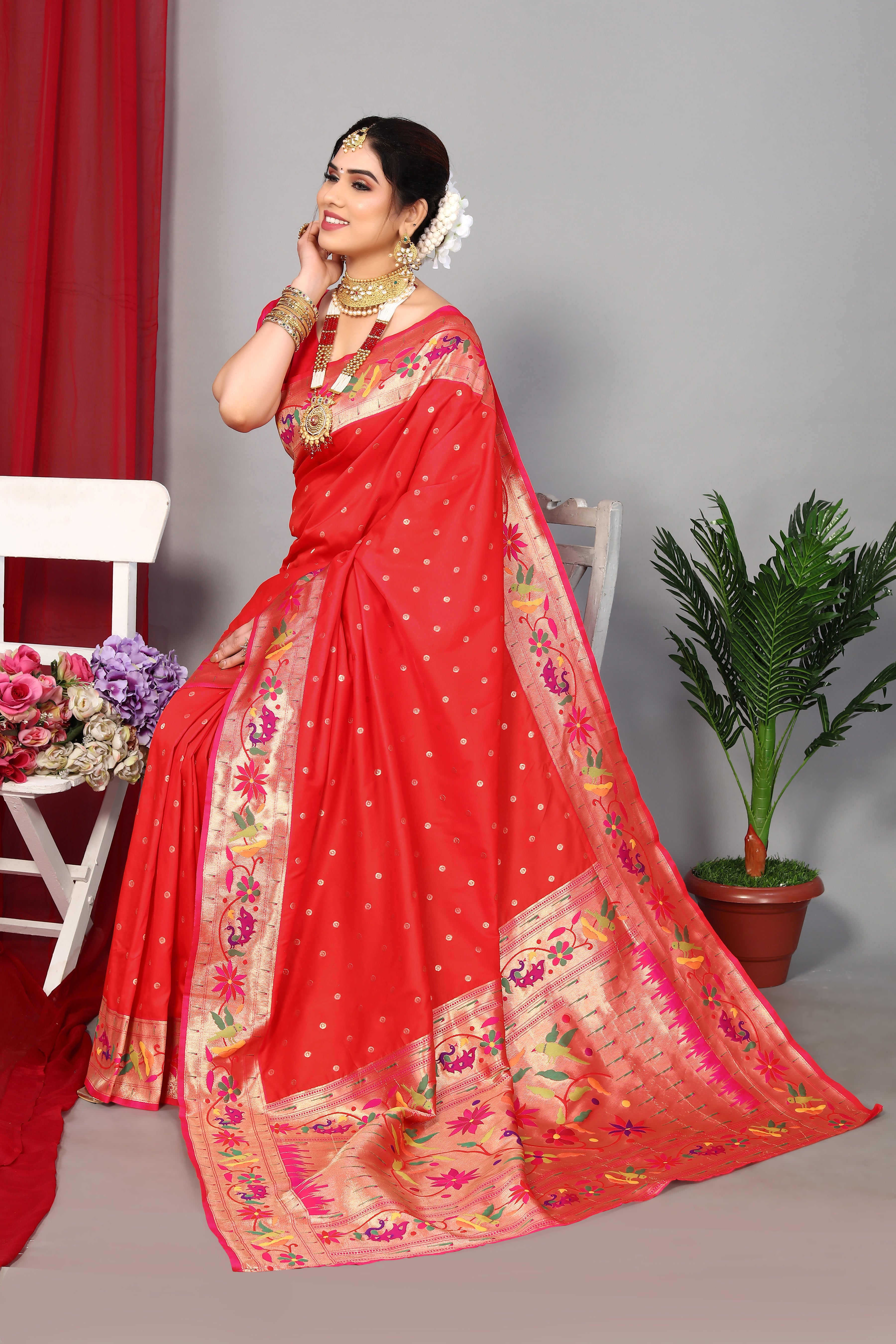 Rich Designer Red Color Paithani Silk Saree