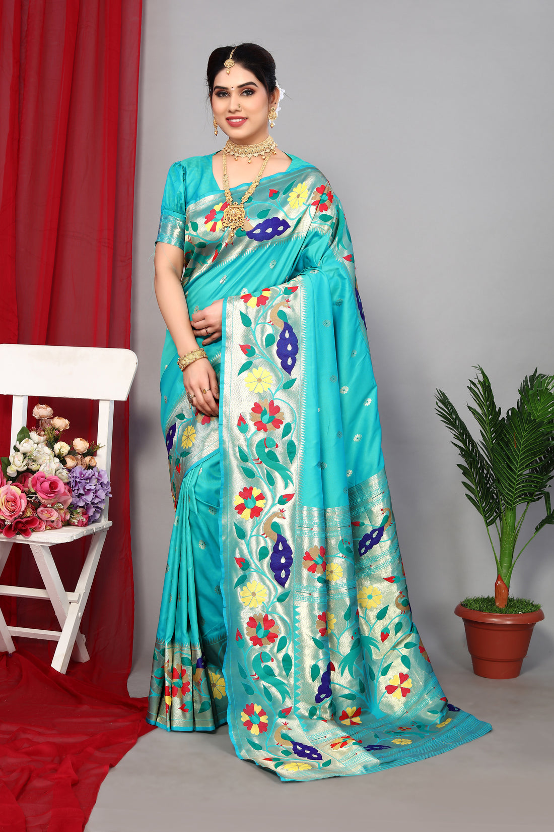 Unique Sky Blue Color Paithani Silk Soft Saree