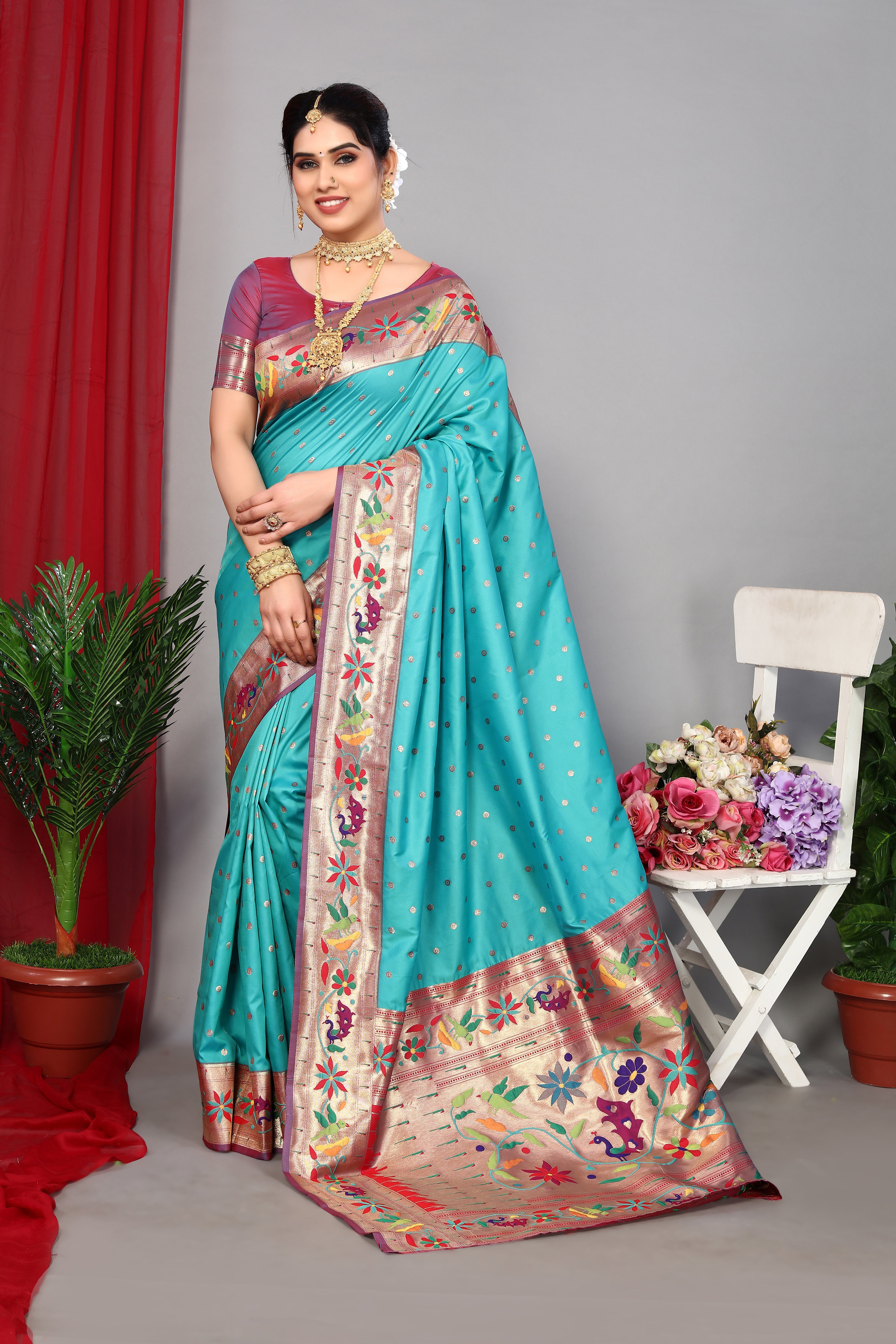 Sky Blue Party Wear Paithani Silk Saree