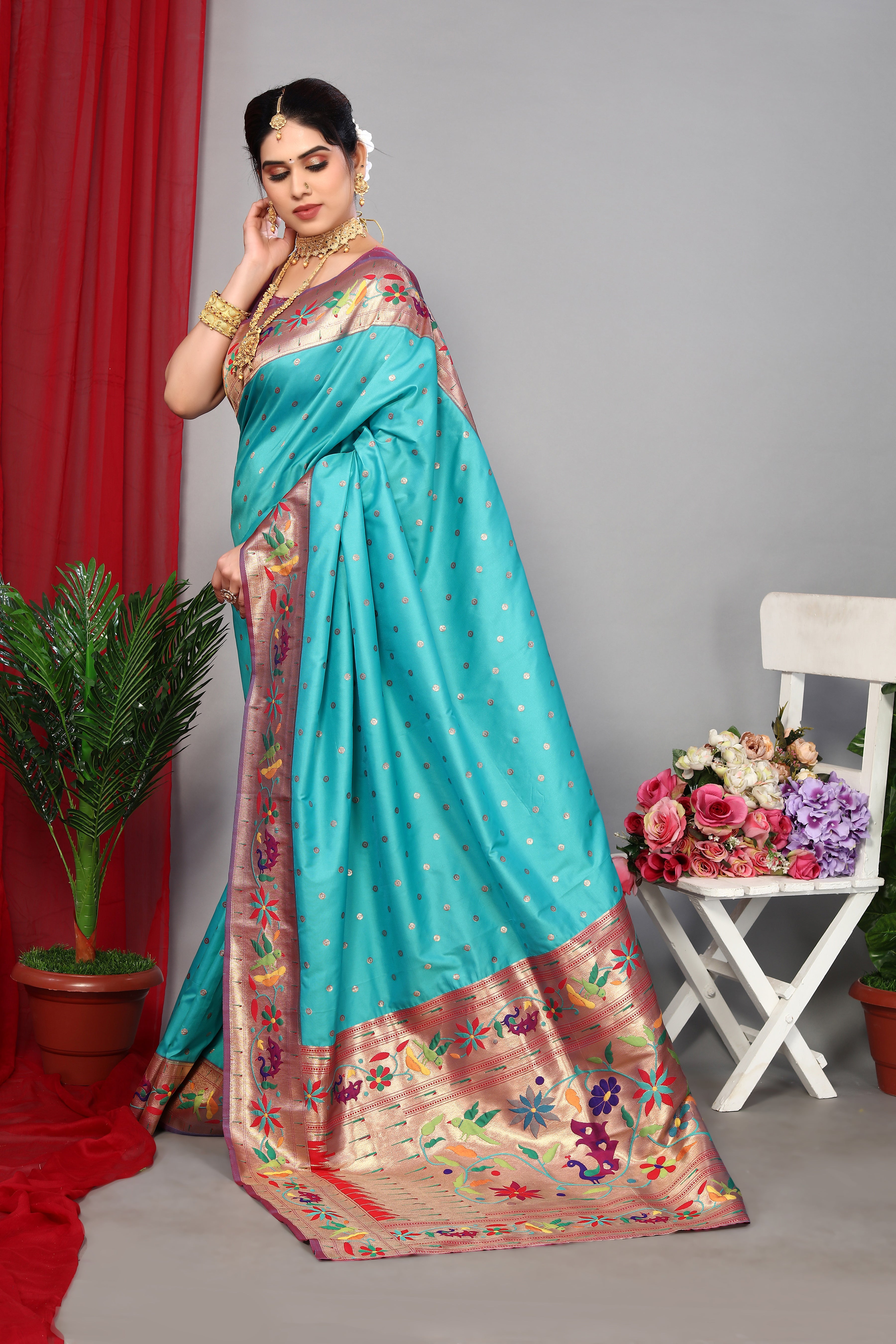 Sky Blue Party Wear Paithani Silk Saree