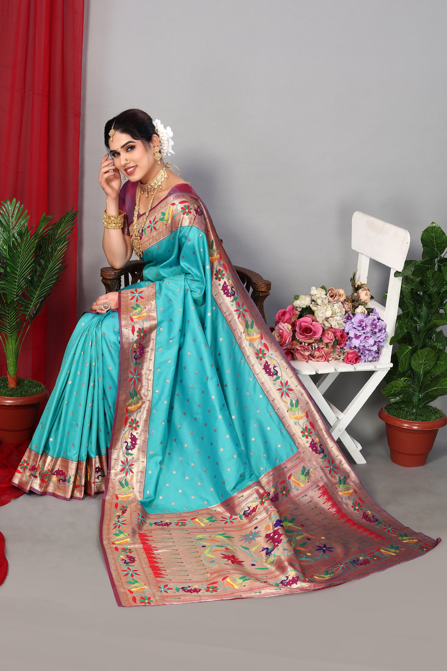 Sky Blue Party Wear Paithani Silk Saree