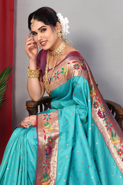 Sky Blue Party Wear Paithani Silk Saree